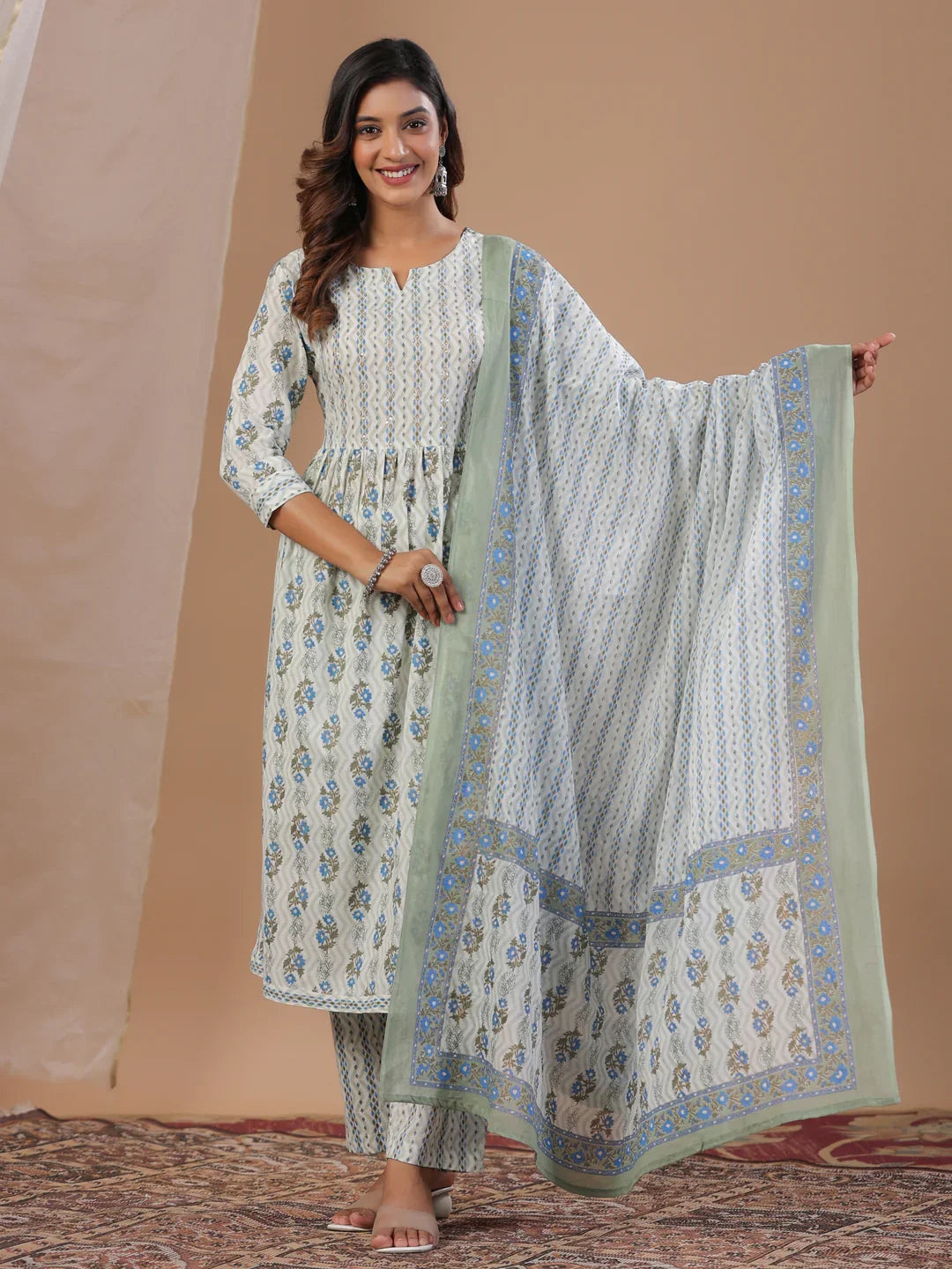 White Floral Printed Round Neck Kurta Set with Dupatta - SanskrutiHomes