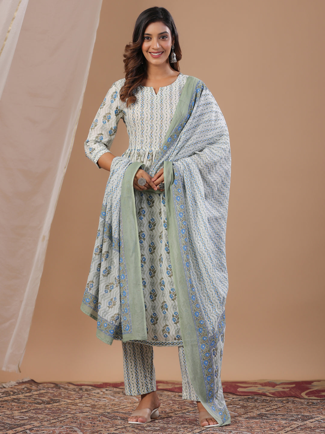 White Floral Printed Round Neck Kurta Set with Dupatta - SanskrutiHomes