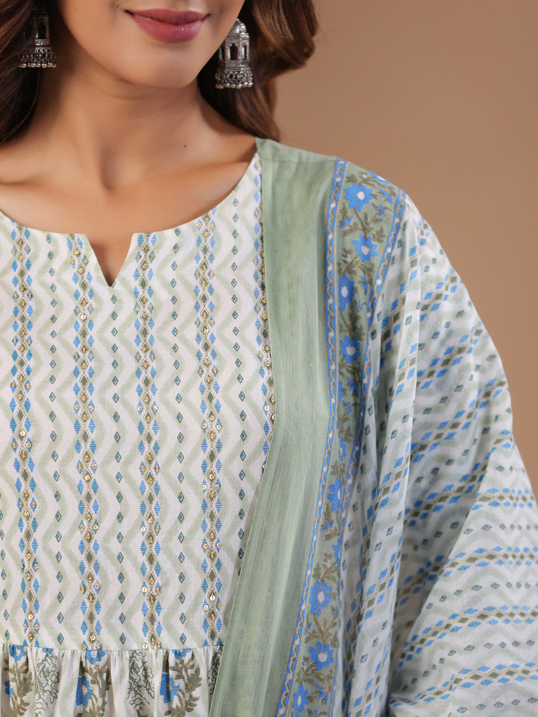 White Floral Printed Round Neck Kurta Set with Dupatta - SanskrutiHomes