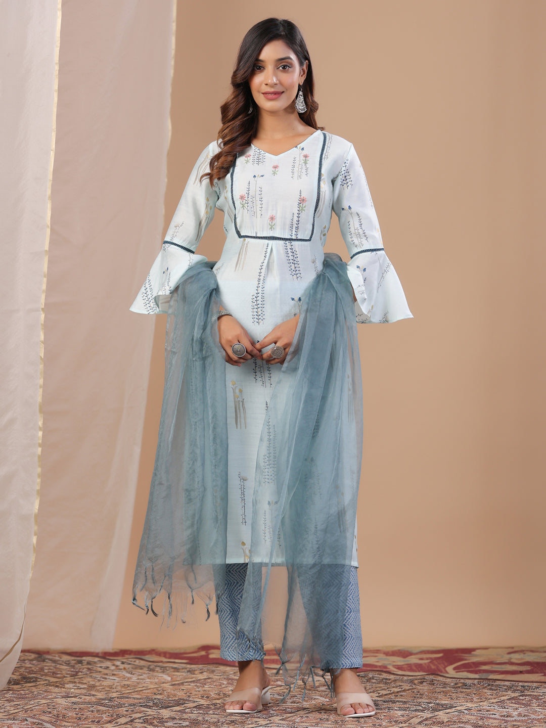 Sky Blue Muslin Women's Kurta Pajama Dupatta Set