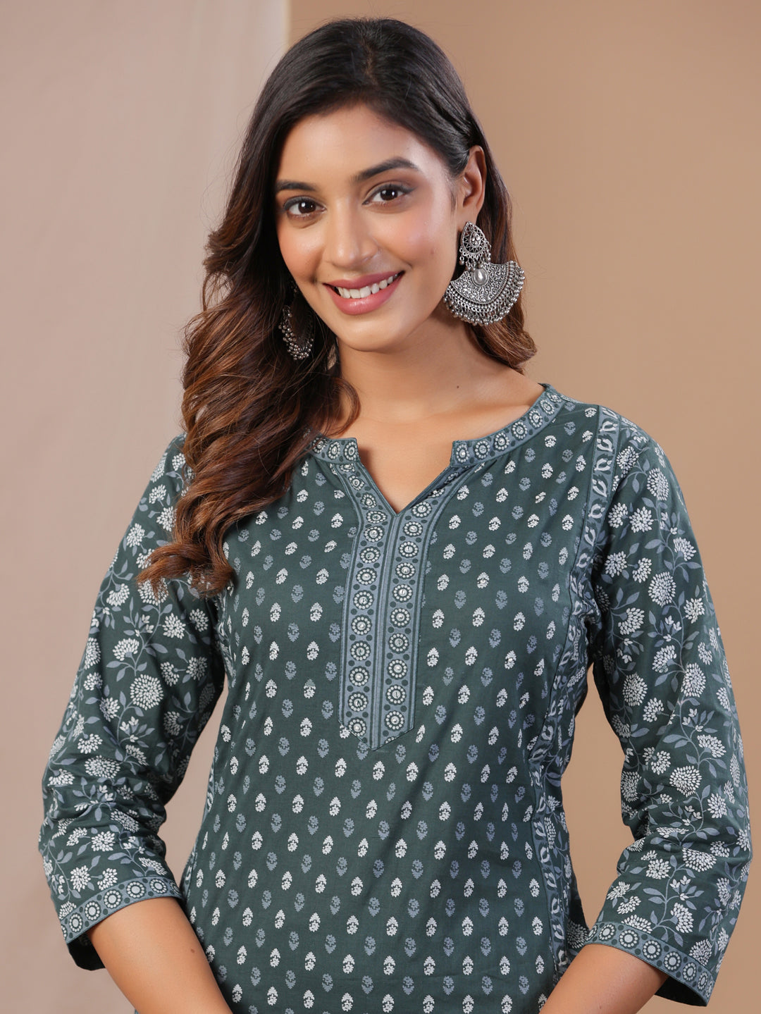 Green Color Pure Cotton Floral Printed Round Neck Kurta Set
