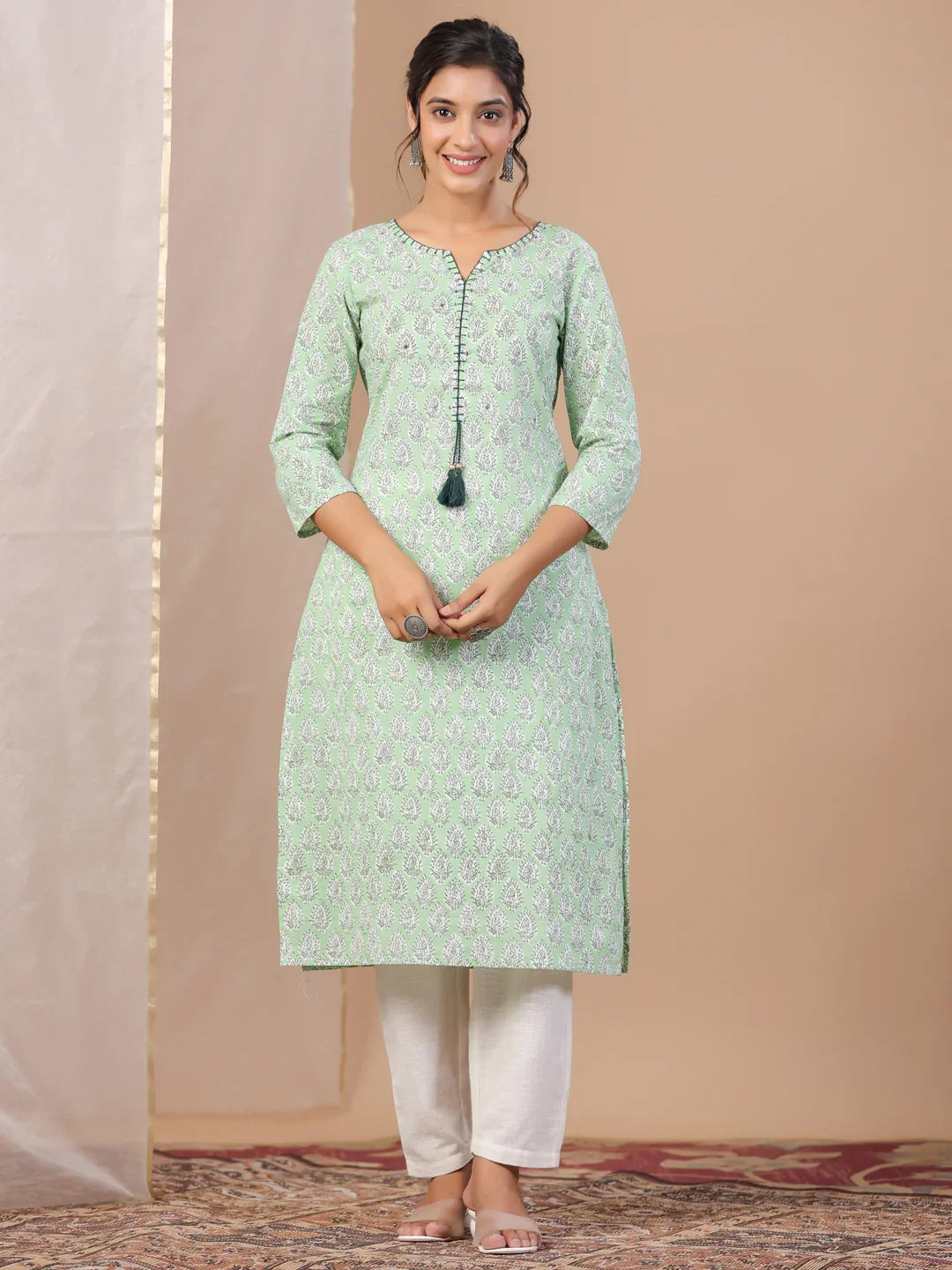 Green Printed Cotton Boat neck Kurta for Women - SanskrutiHomes