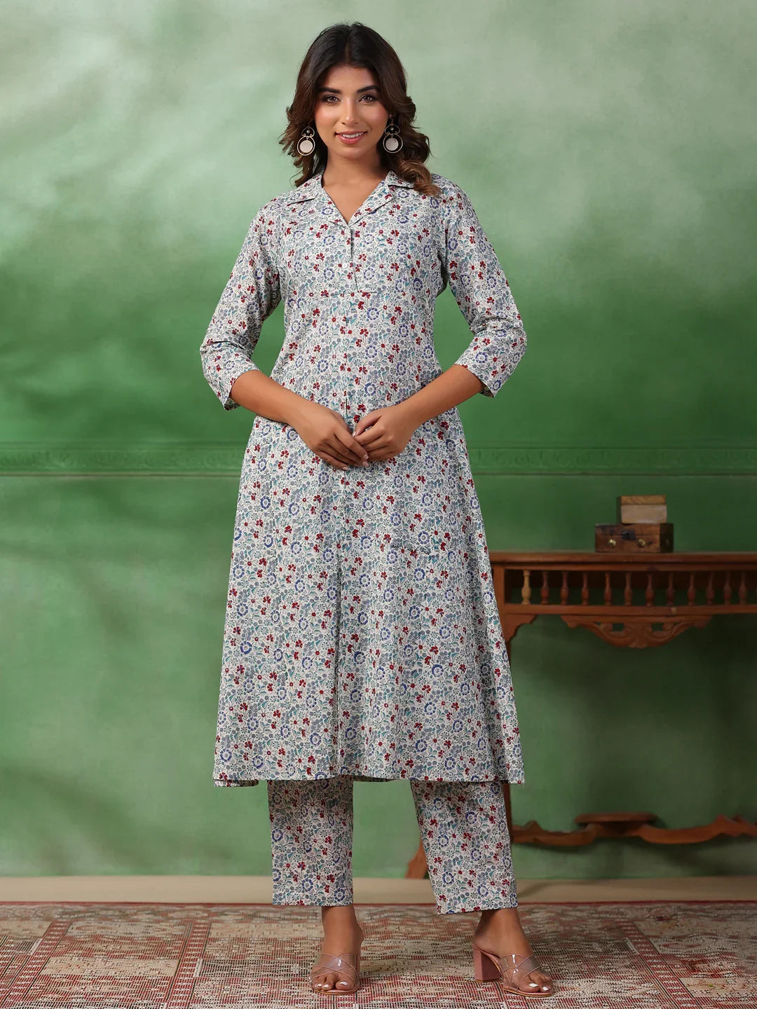 Red Flower Printed Kurta Set for Women - SanskrutiHomes