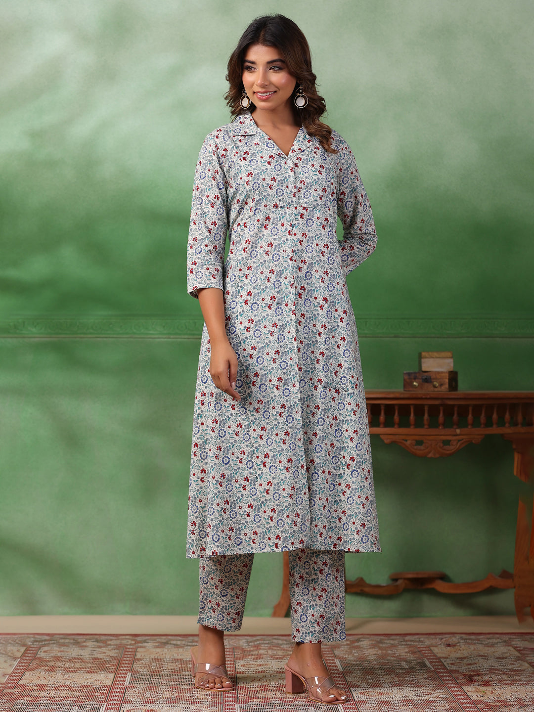 Red Flower Printed Kurta Set for Women - SanskrutiHomes