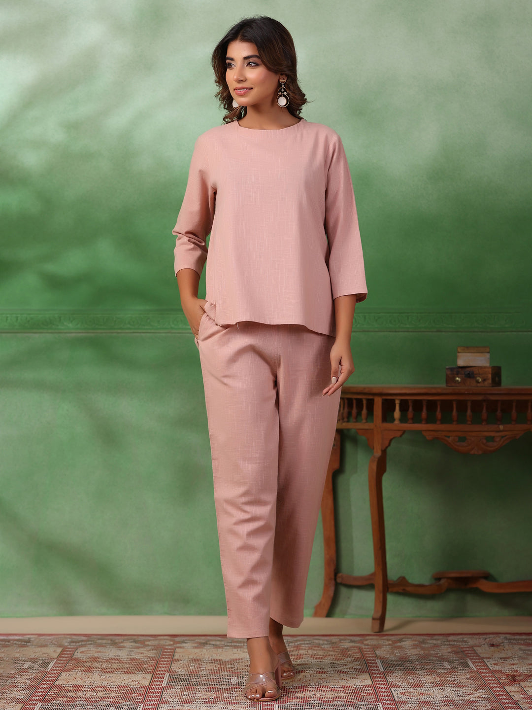 Peach Solid Round Neck Pure Cotton Trousers Co-Ord Set For Women
