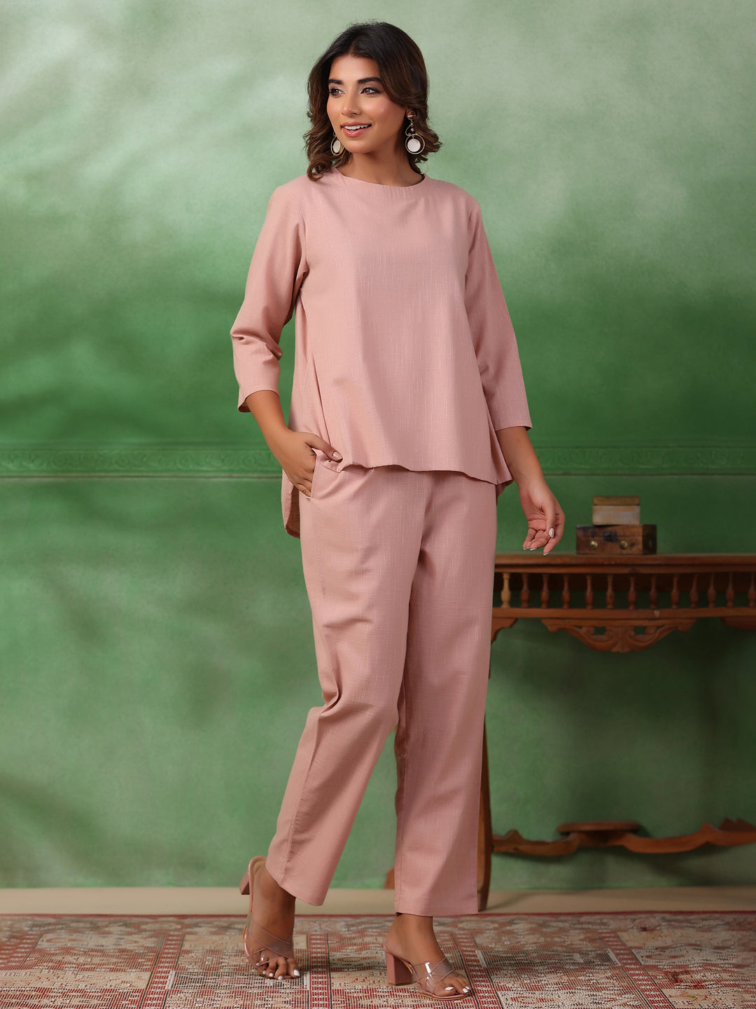 Peach Solid Round Neck Pure Cotton Trousers Co-Ord Set For Women