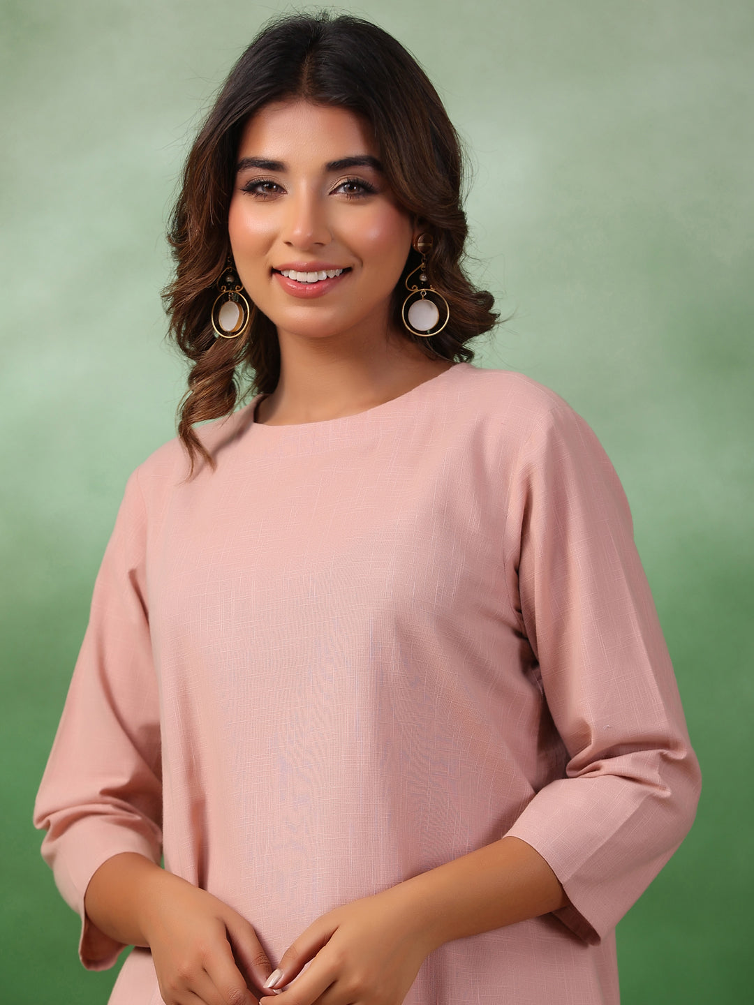 Peach Solid Round Neck Pure Cotton Trousers Co-Ord Set For Women
