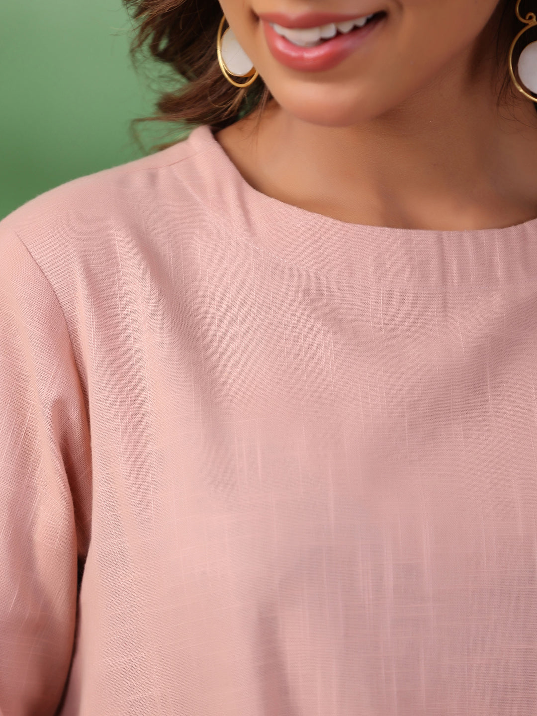 Peach Solid Round Neck Pure Cotton Trousers Co-Ord Set For Women