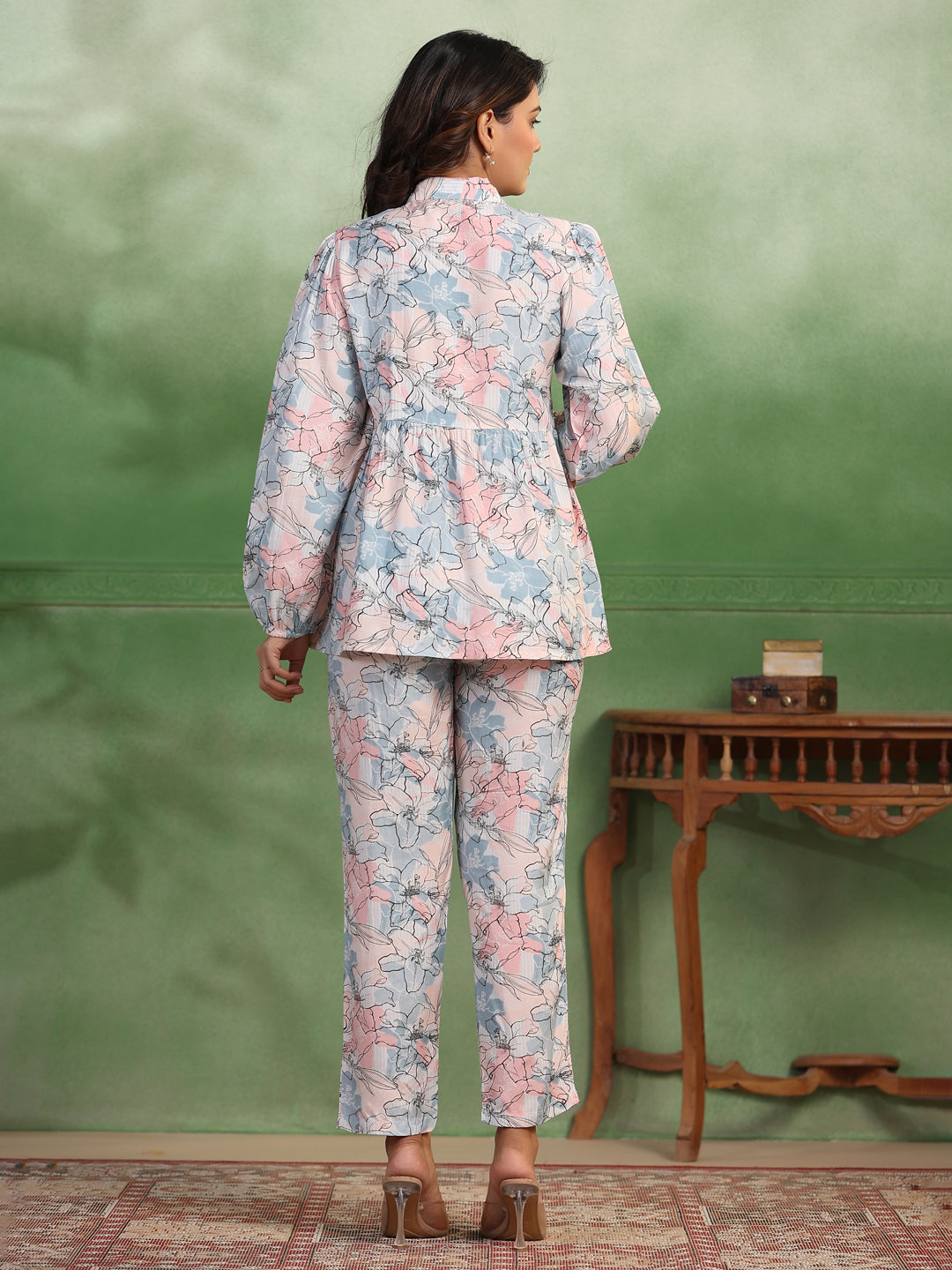 Silk Blend floral printed shirt collar co-ord