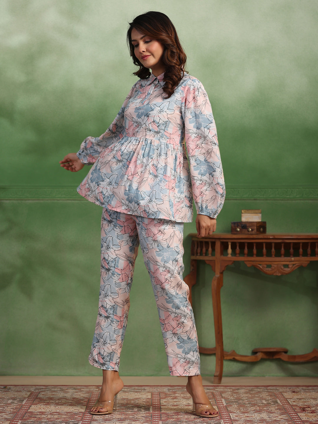 Silk Blend floral printed shirt collar co-ord