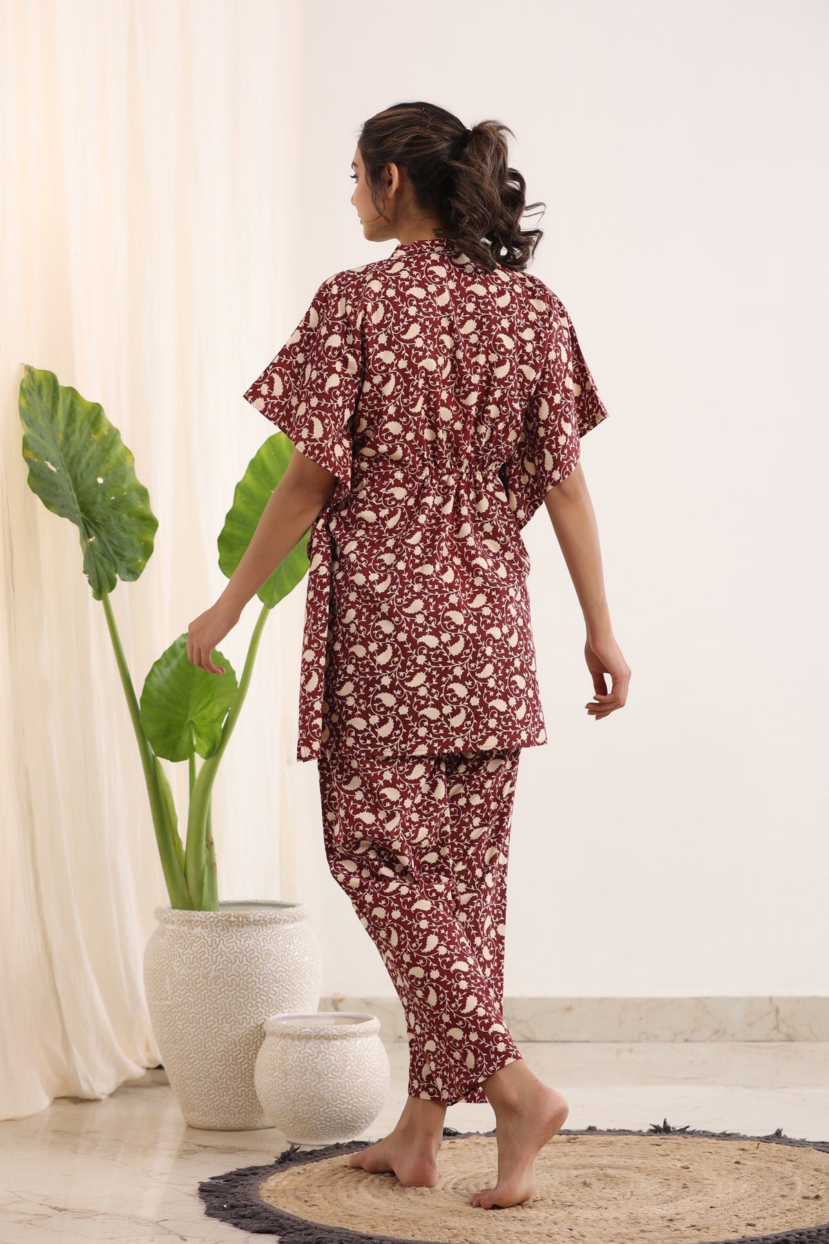 Red Cotton Printed Kaftan and Pajama Set