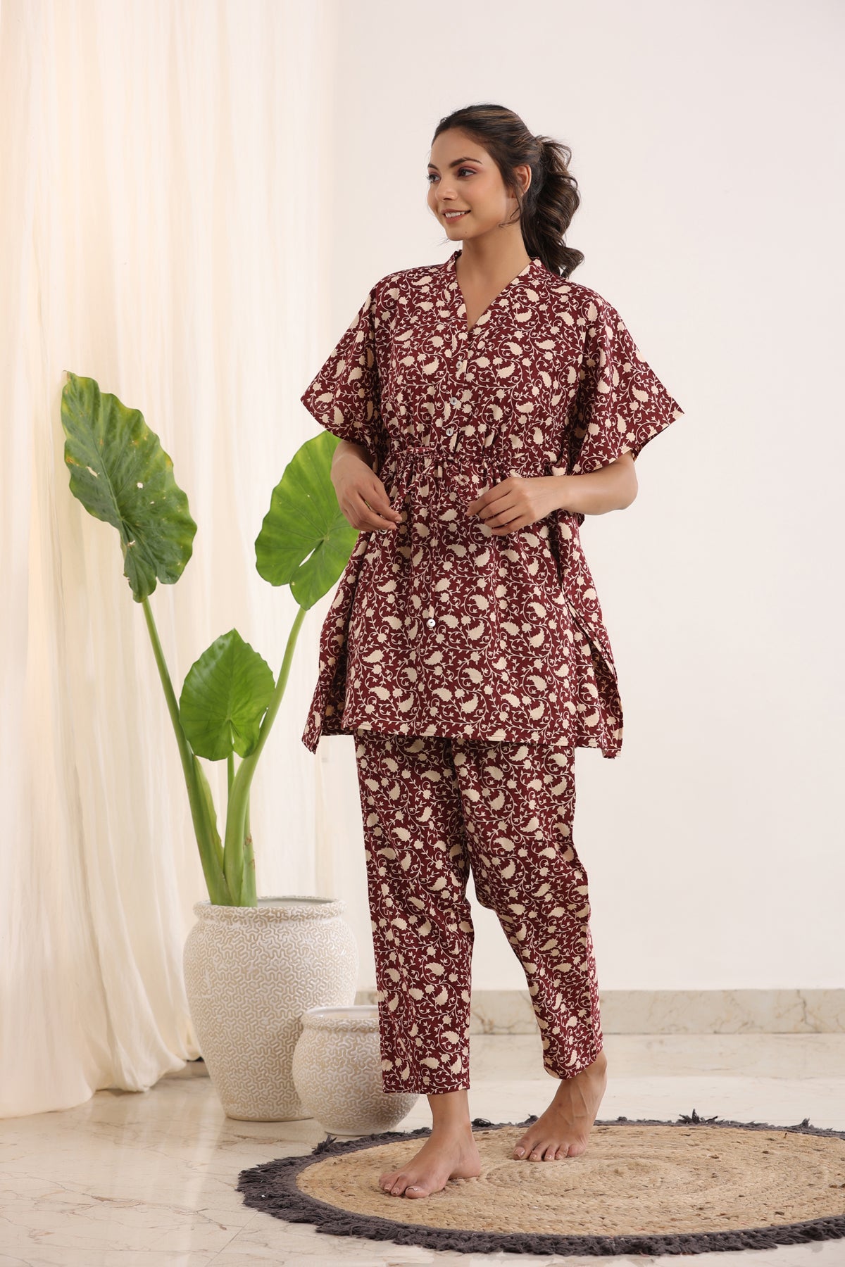 Red Cotton Printed Kaftan and Pajama Set