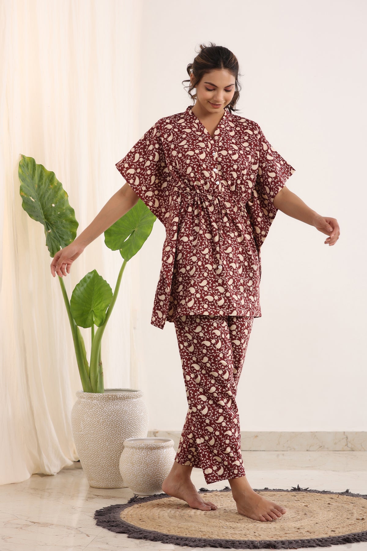 Red Cotton Printed Kaftan and Pajama Set
