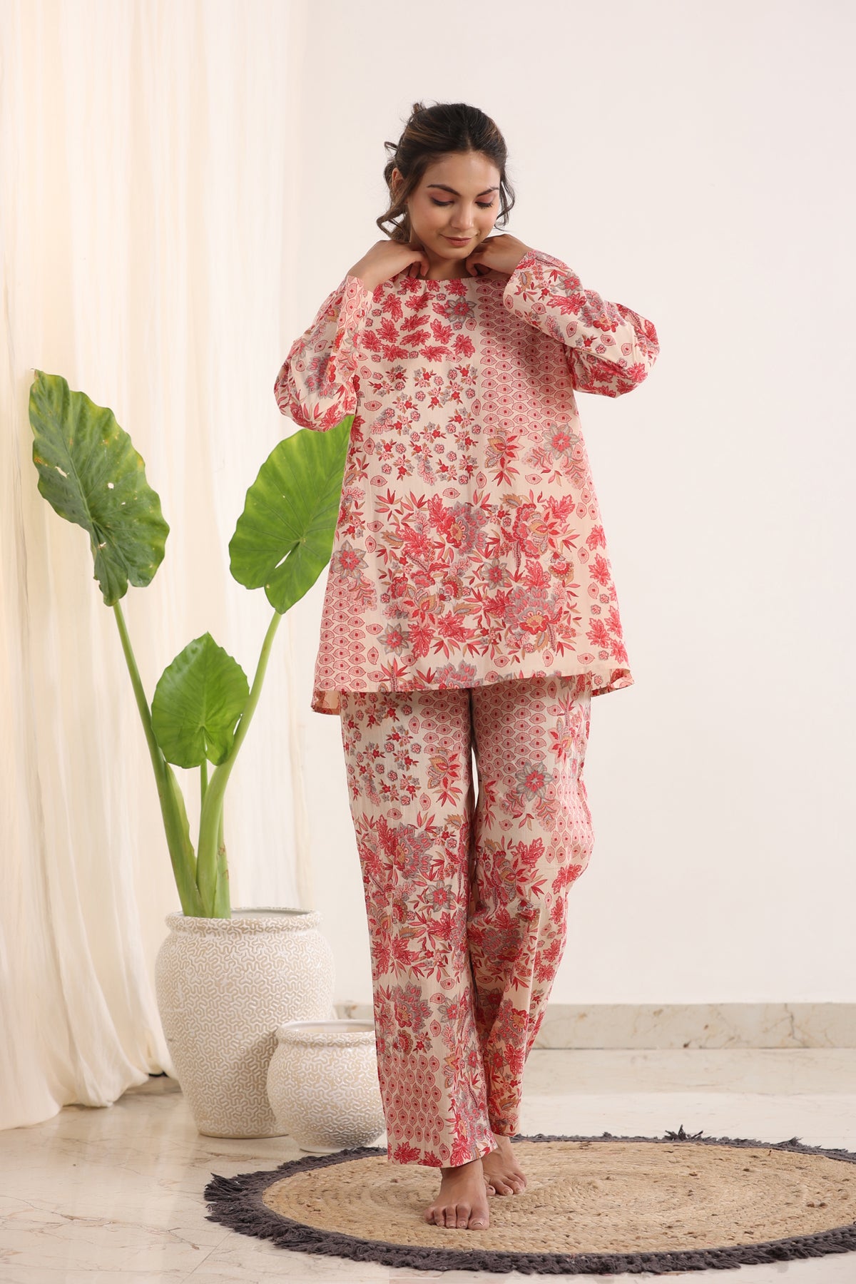 Pink & White Loose Fit Printed Night Suit