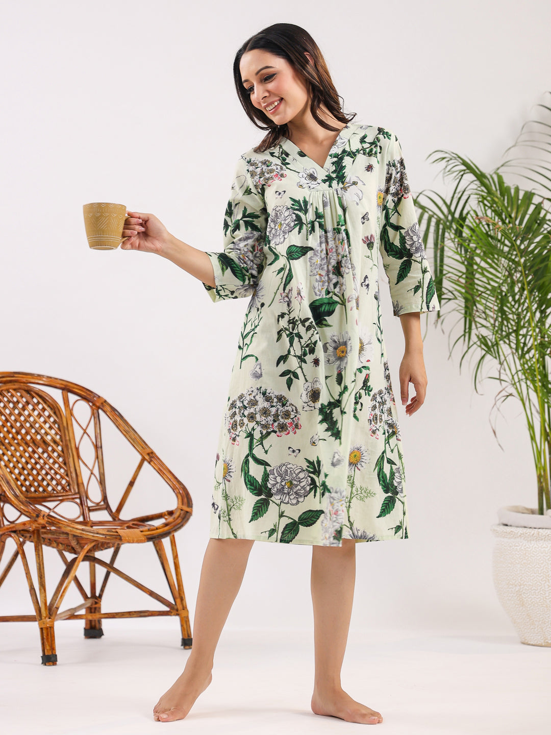 Sea Green Pure Cotton Floral Printed V-Neck Night Dress - SanskrutiHomes