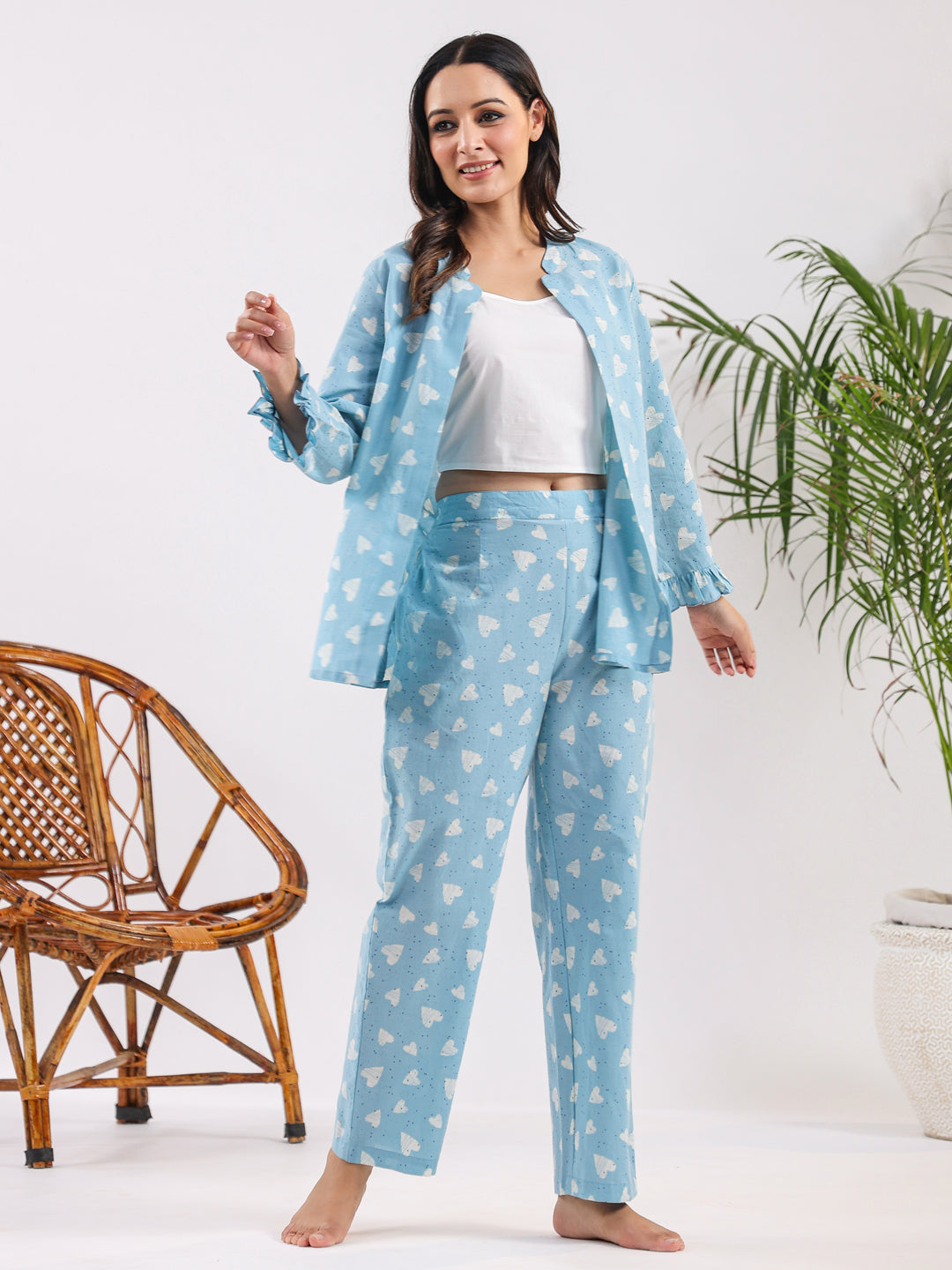 Oasis blue heart Cotton Night SUIT - SanskrutiHomes
