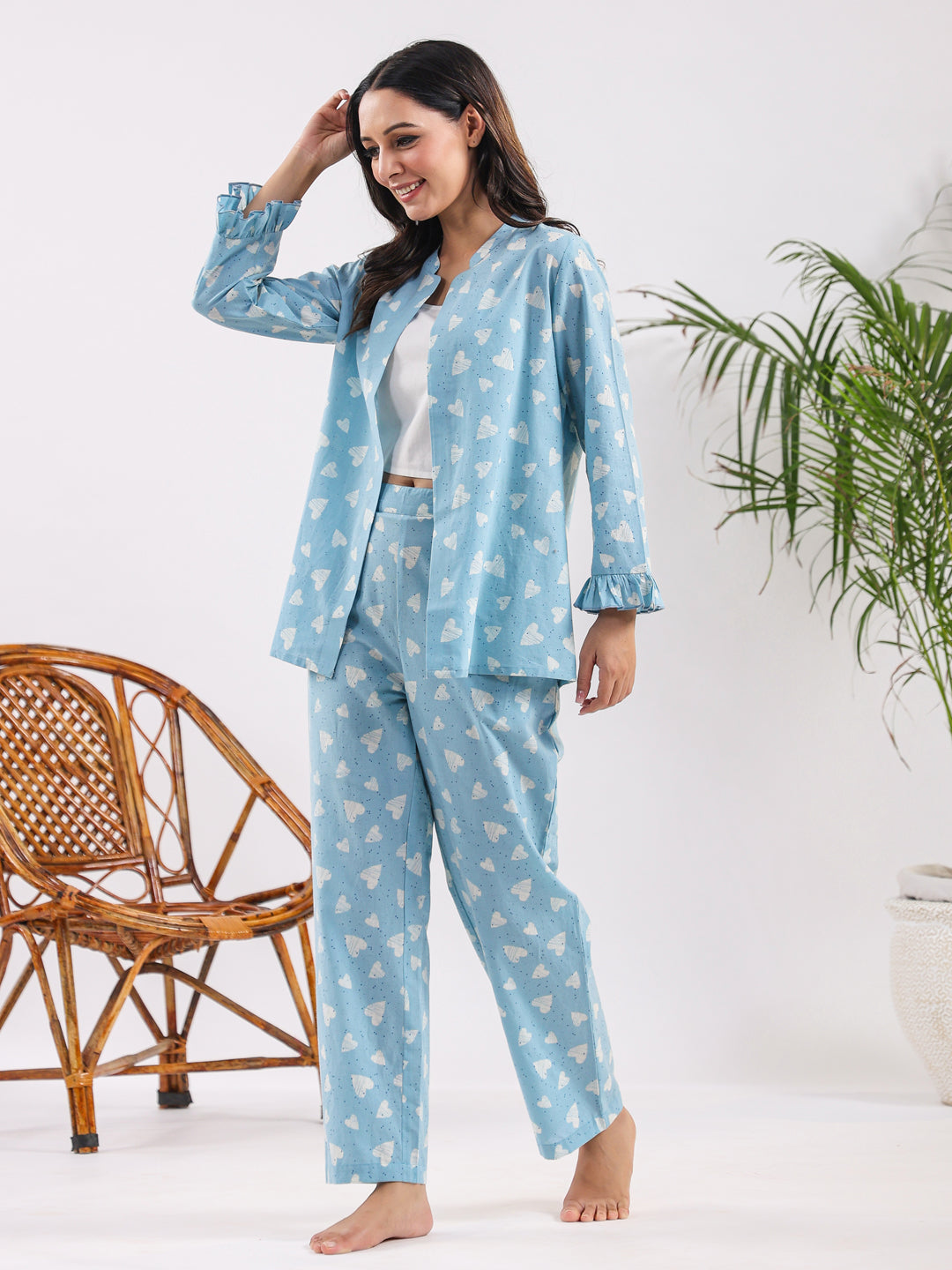 Oasis blue heart Cotton Night SUIT - SanskrutiHomes