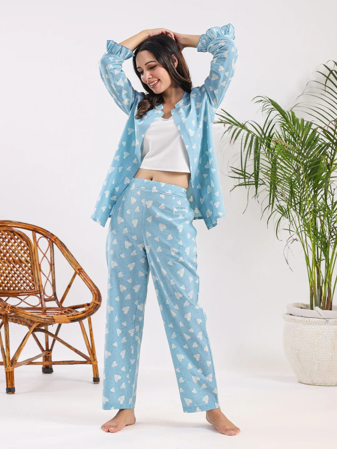 Oasis blue heart Cotton Night SUIT - SanskrutiHomes