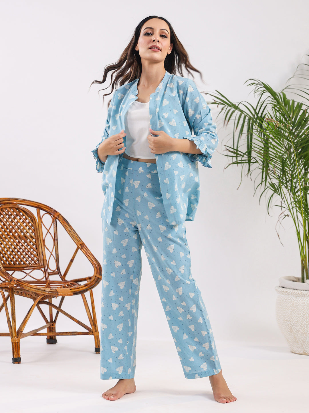 Oasis blue heart Cotton Night SUIT - SanskrutiHomes