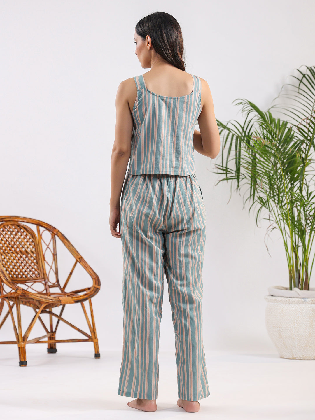 Powder blue stripe Cotton Night SUIT - SanskrutiHomes