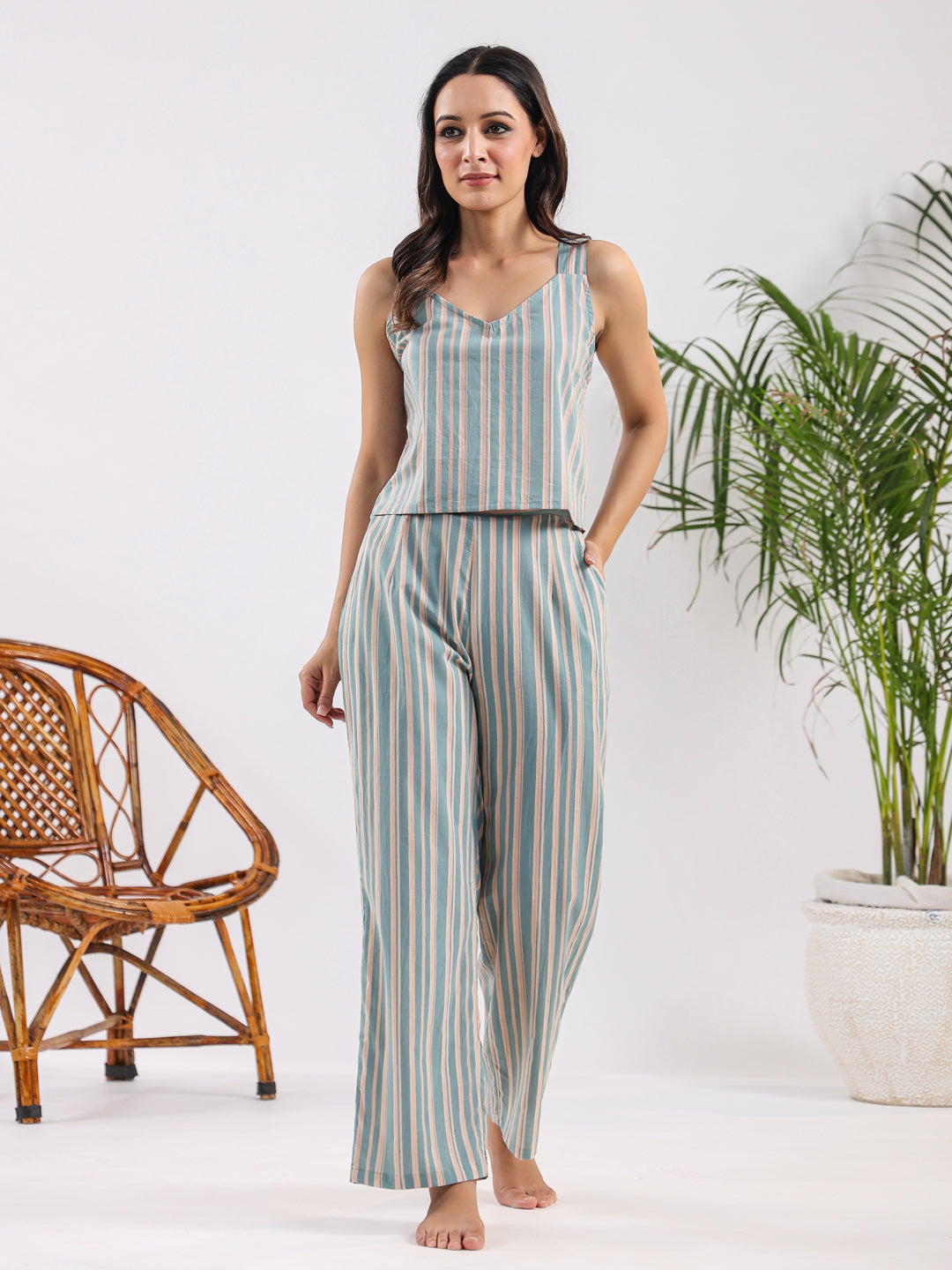 Powder blue stripe Cotton Night SUIT - SanskrutiHomes