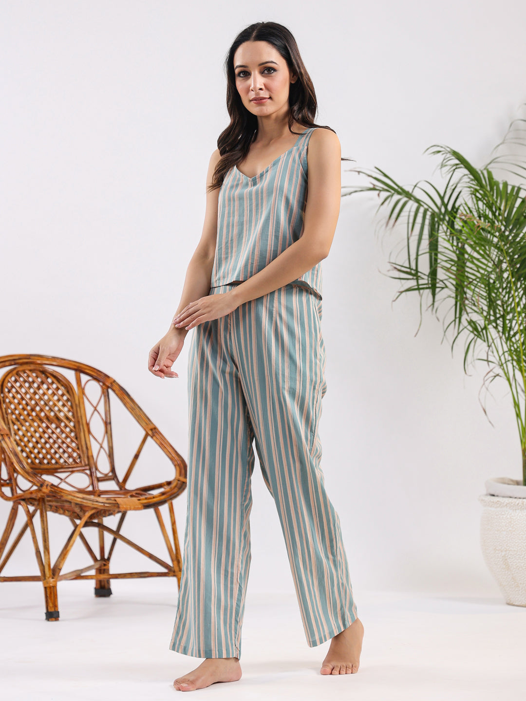 Powder blue stripe Cotton Night SUIT - SanskrutiHomes