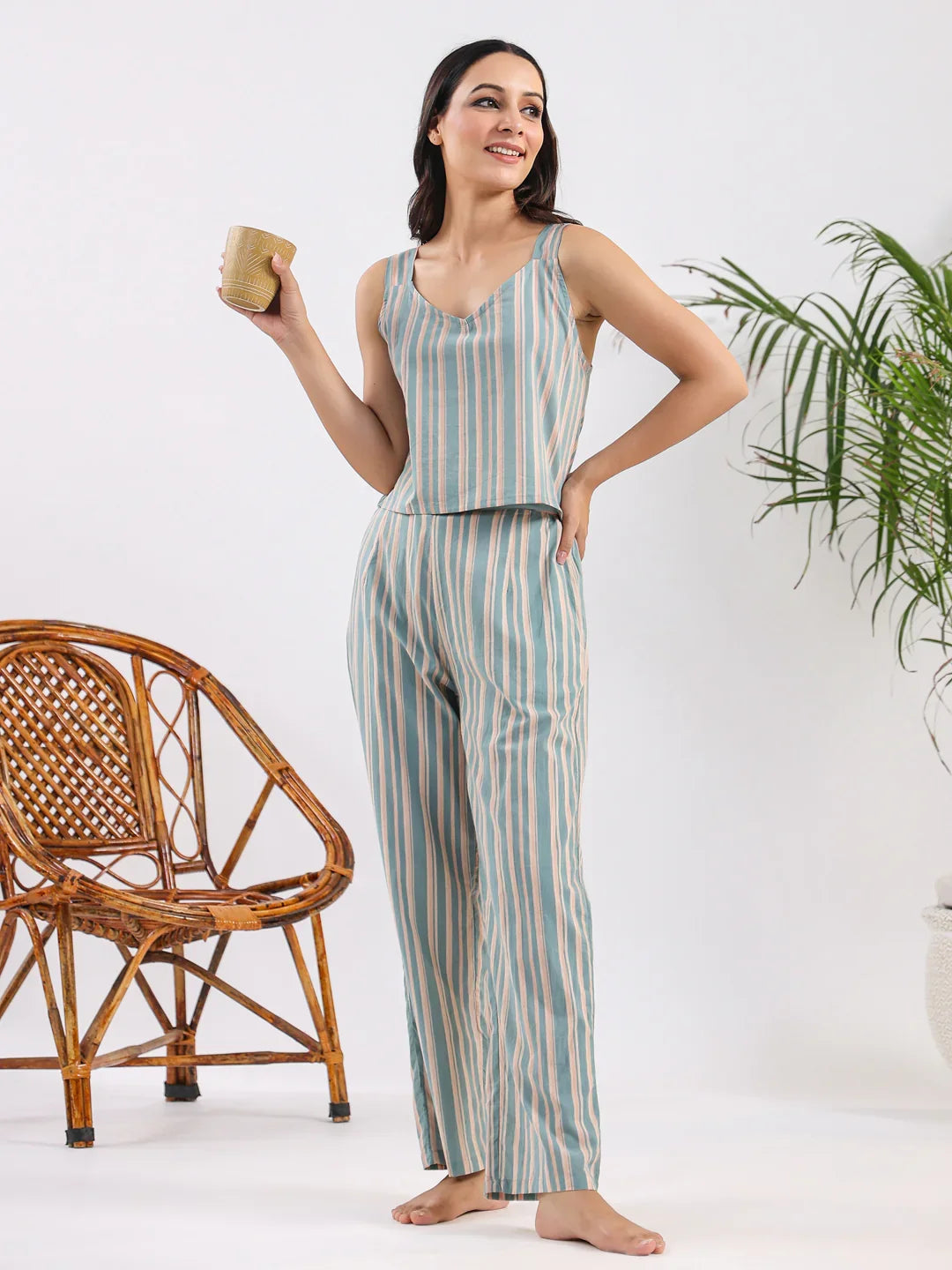Powder blue stripe Cotton Night SUIT - SanskrutiHomes