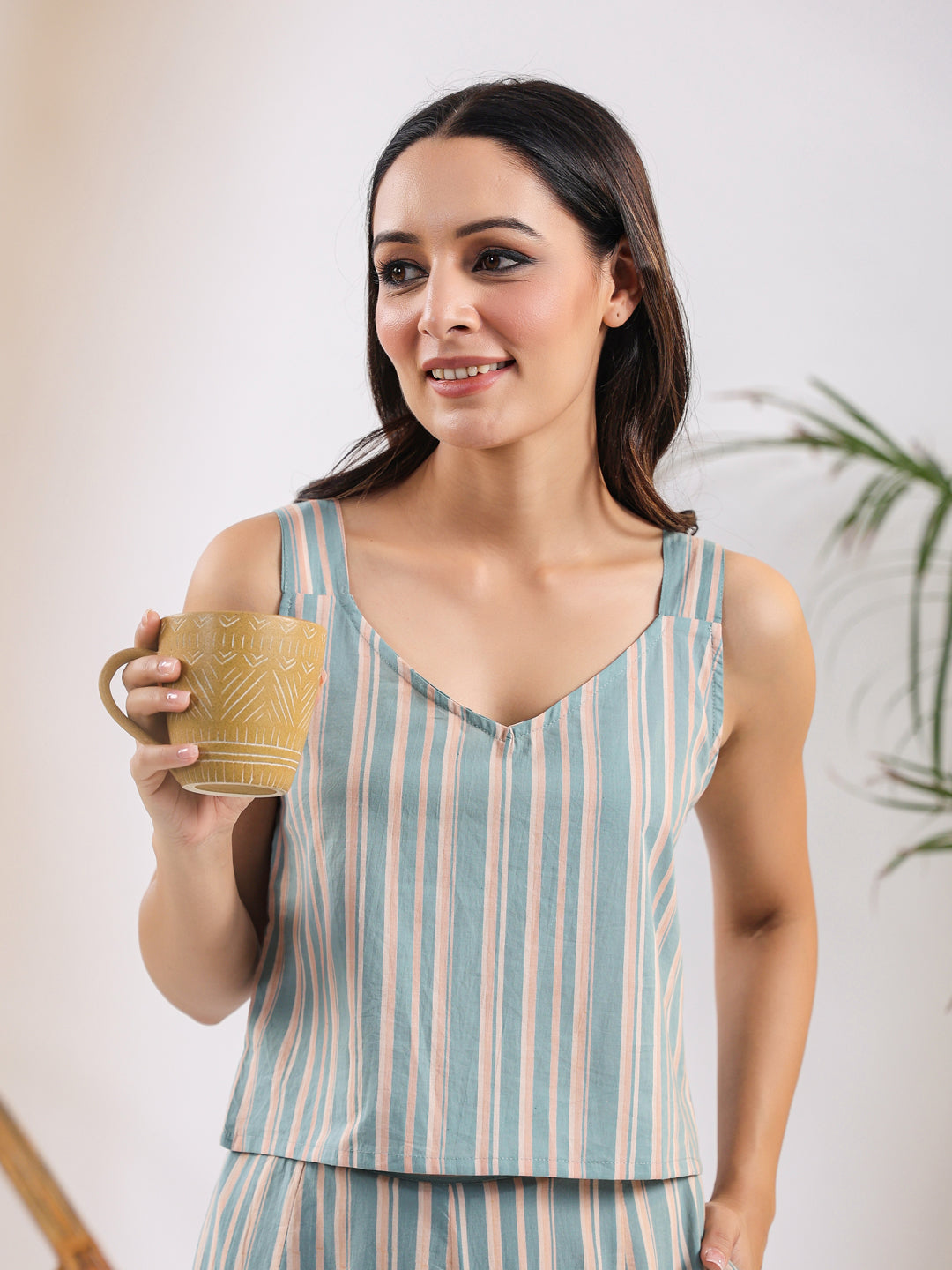 Powder blue stripe Cotton Night SUIT - SanskrutiHomes