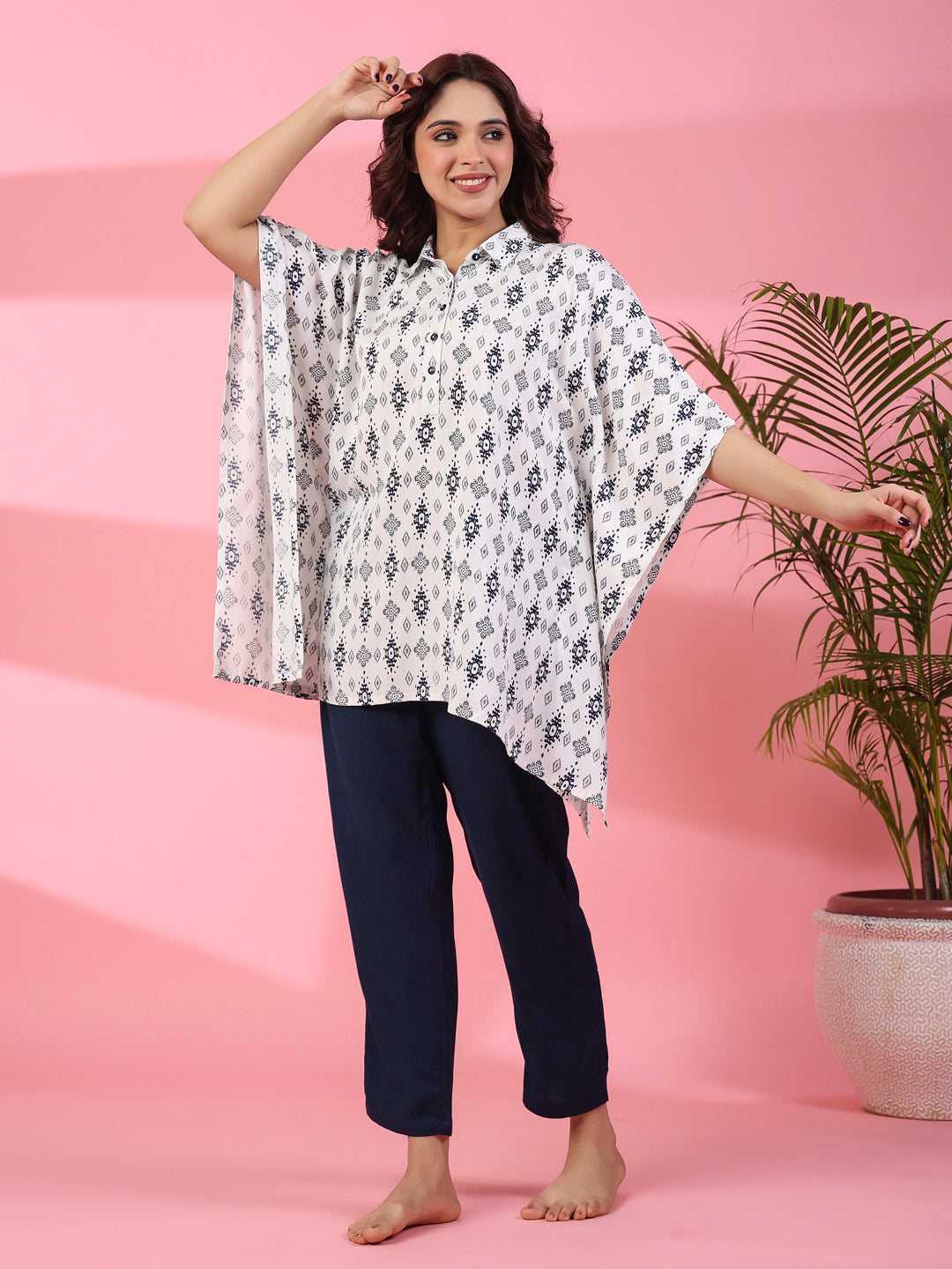 White Floral Printed Kaftan Set