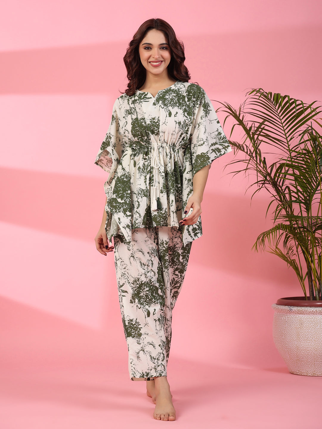 Jungle print Cotton Kaftan Night Suit - SanskrutiHomes