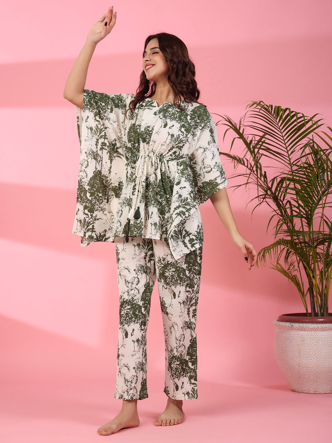 Jungle print Cotton Kaftan Night Suit - SanskrutiHomes