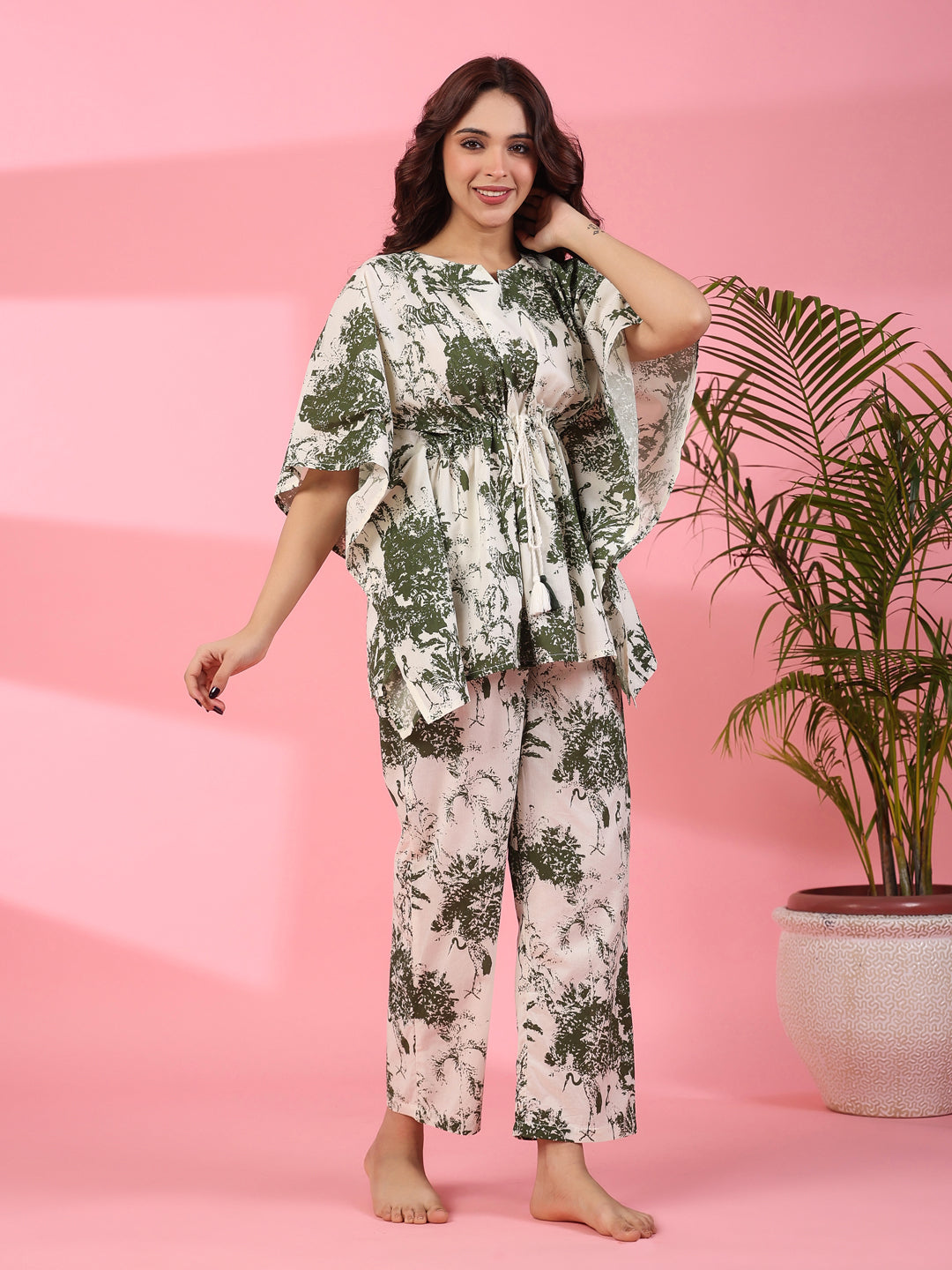 Jungle print Cotton Kaftan Night Suit - SanskrutiHomes