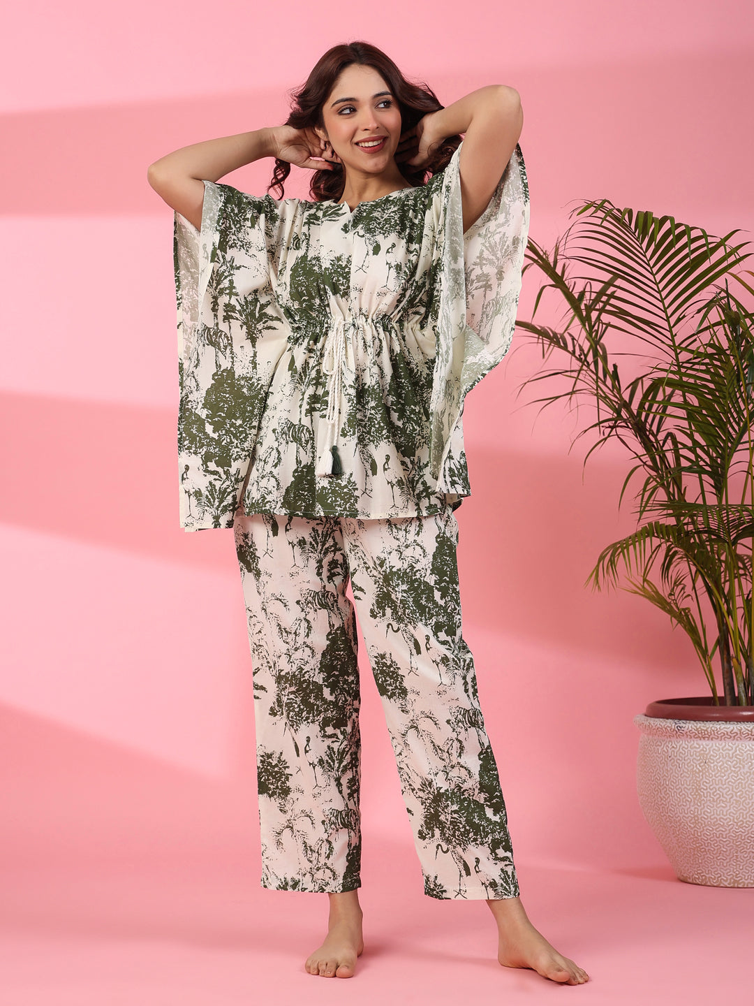 Jungle print Cotton Kaftan Night Suit - SanskrutiHomes