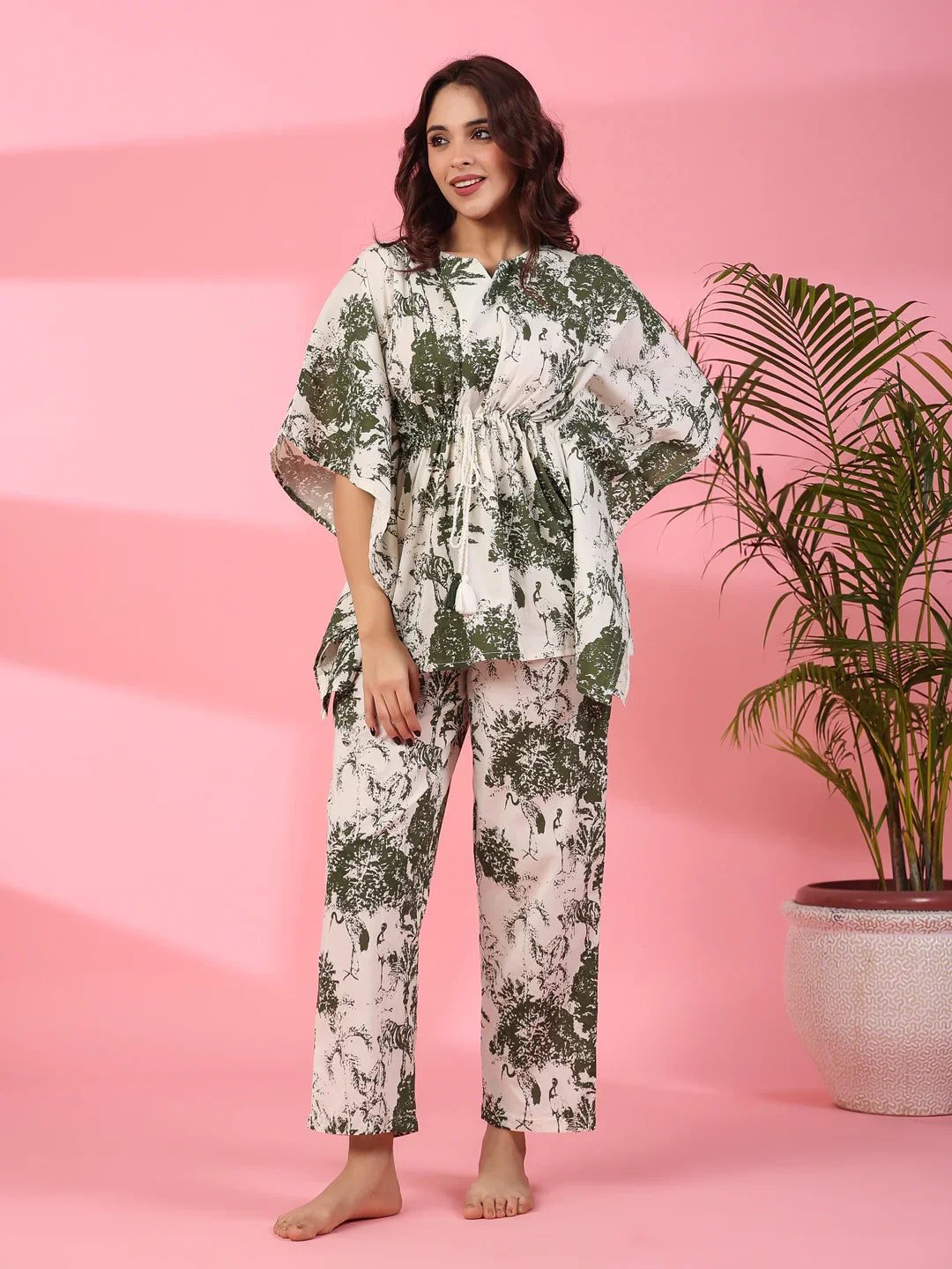 Jungle print Cotton Kaftan Night Suit - SanskrutiHomes