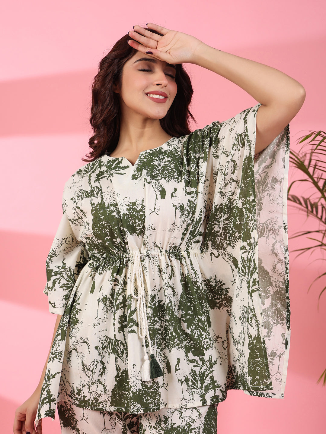 Jungle print Cotton Kaftan Night Suit - SanskrutiHomes