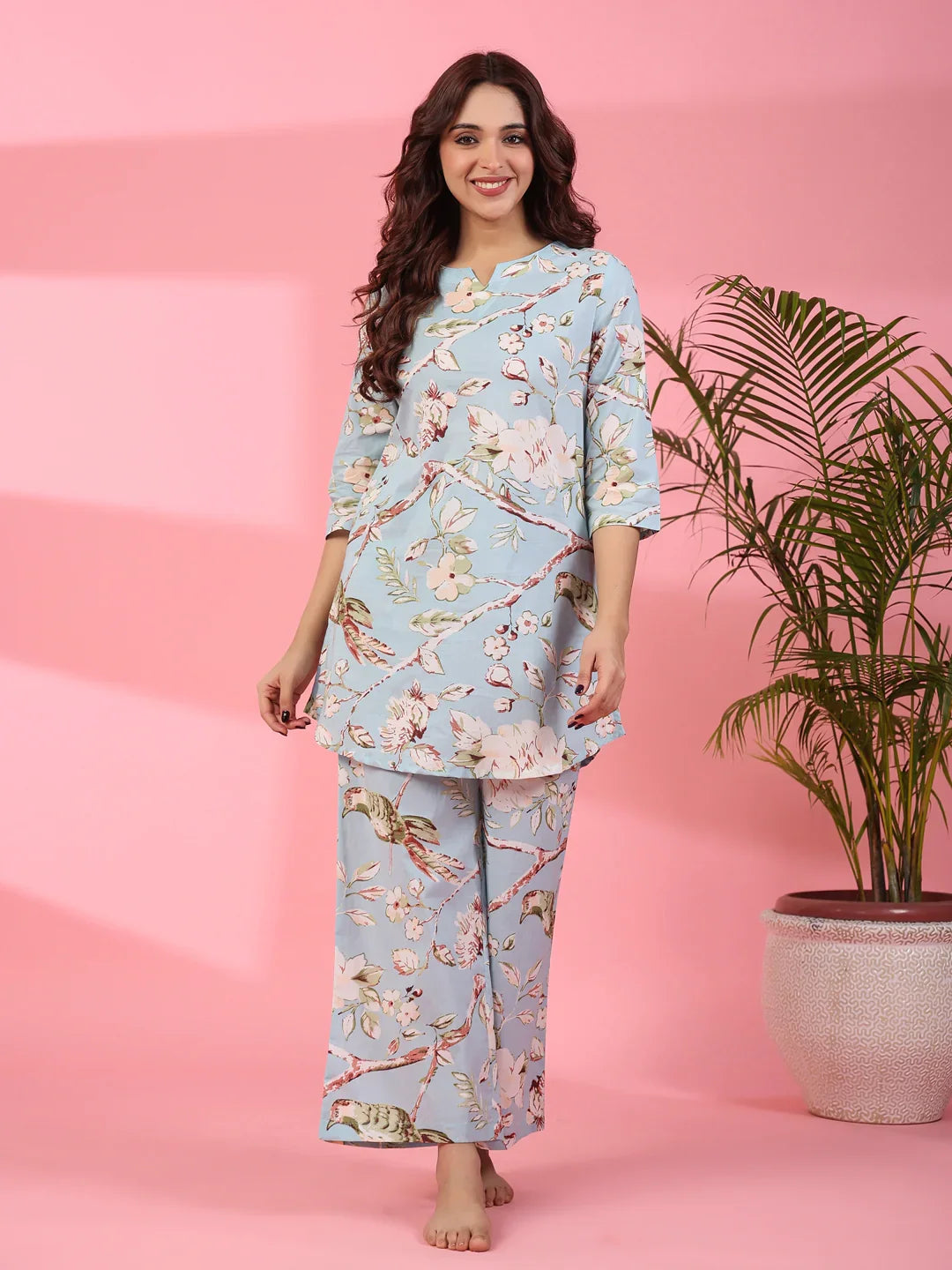 Pattens bird blue cotton co-ord set - SanskrutiHomes