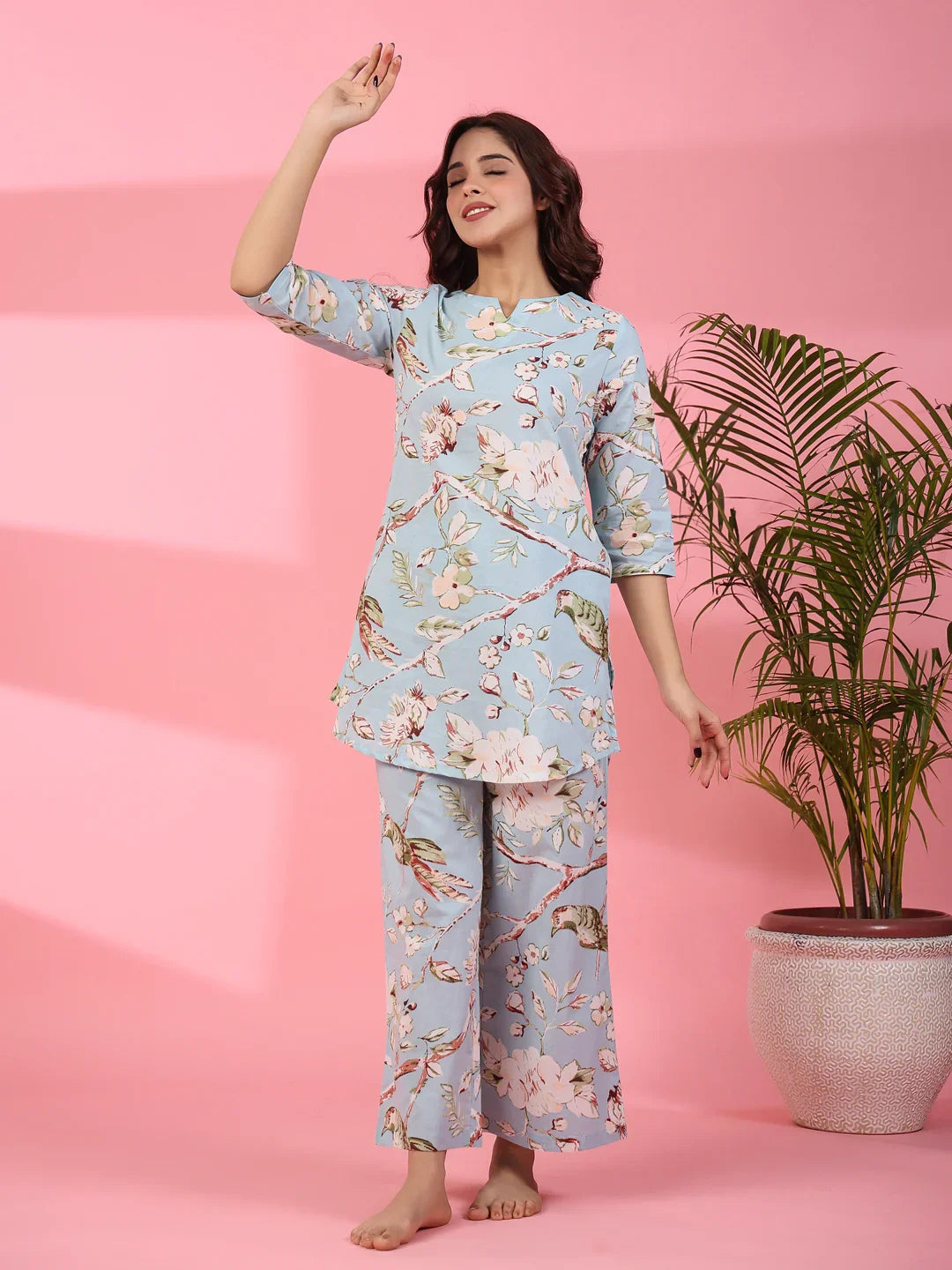 Pattens bird blue cotton co-ord set - SanskrutiHomes