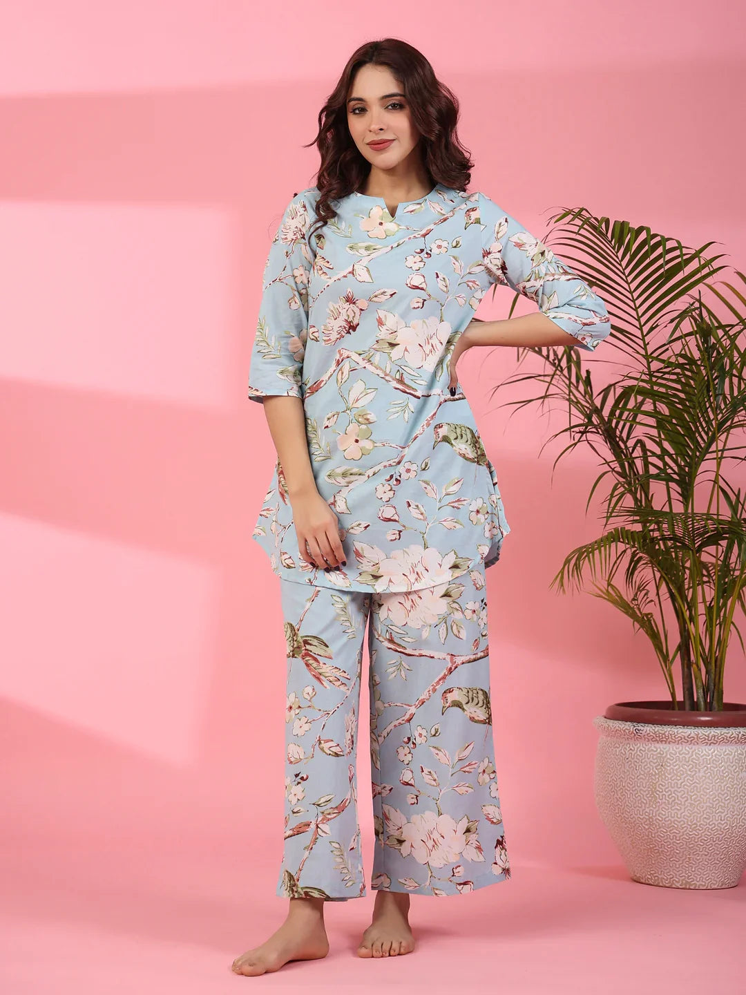 Pattens bird blue cotton co-ord set - SanskrutiHomes