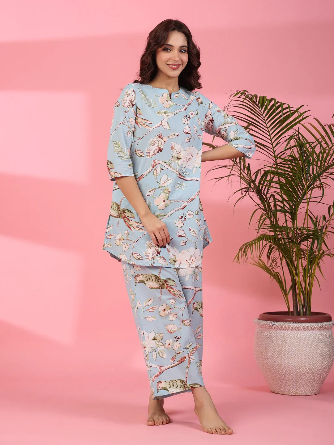 Pattens bird blue cotton co-ord set - SanskrutiHomes