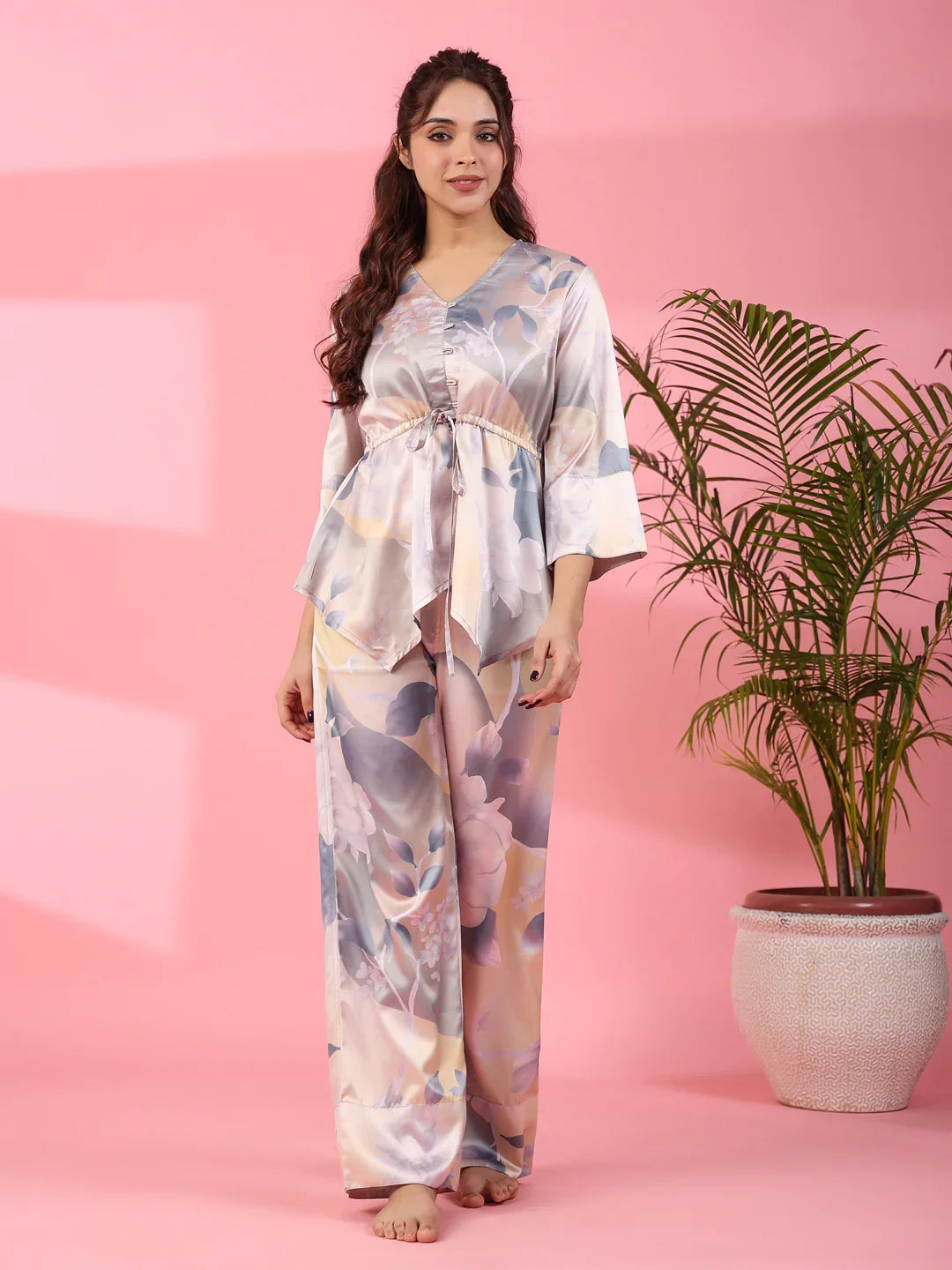 Grey Satin Night Suit - SanskrutiHomes