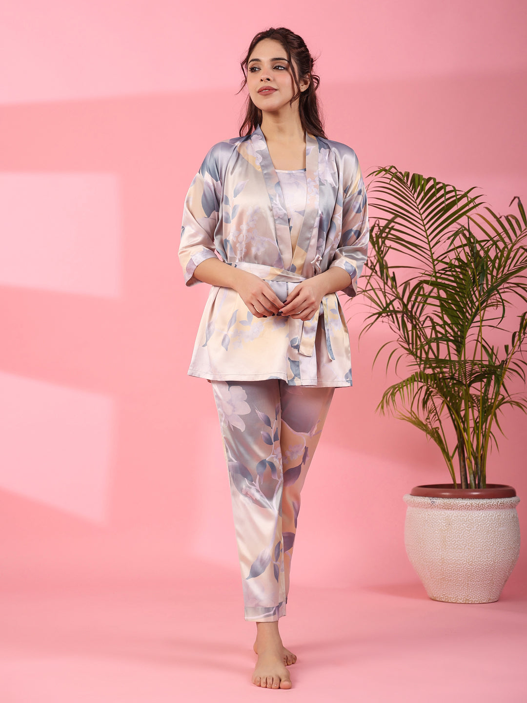 3Pcs Women Poly Satin Night Suit