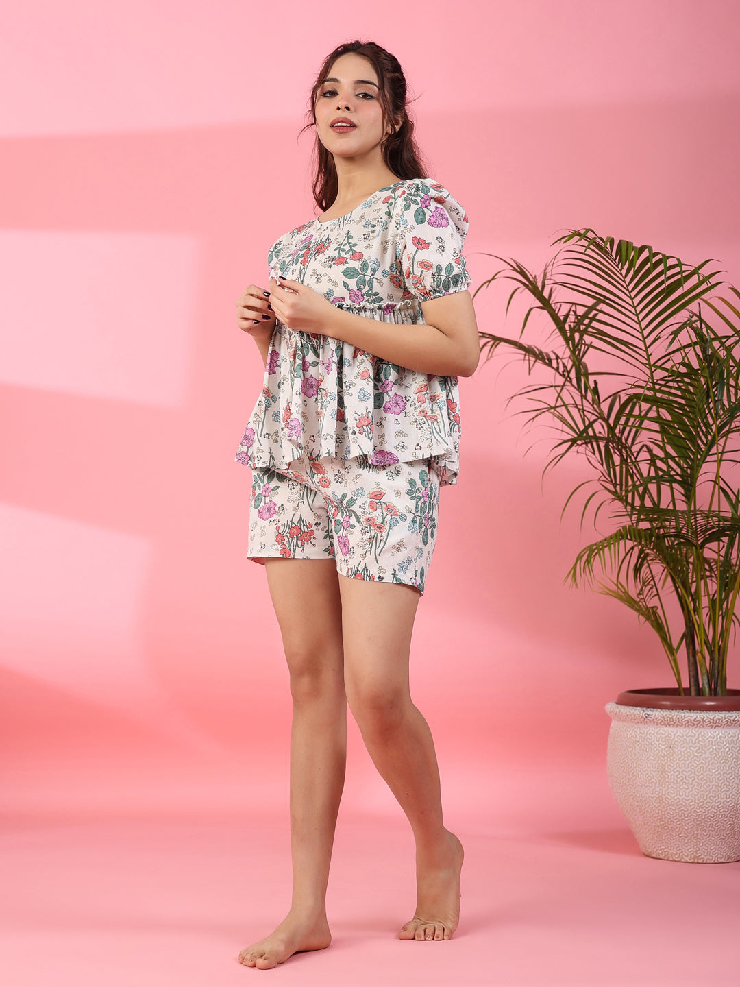 Women Green Printed Cotton Night Suit Set