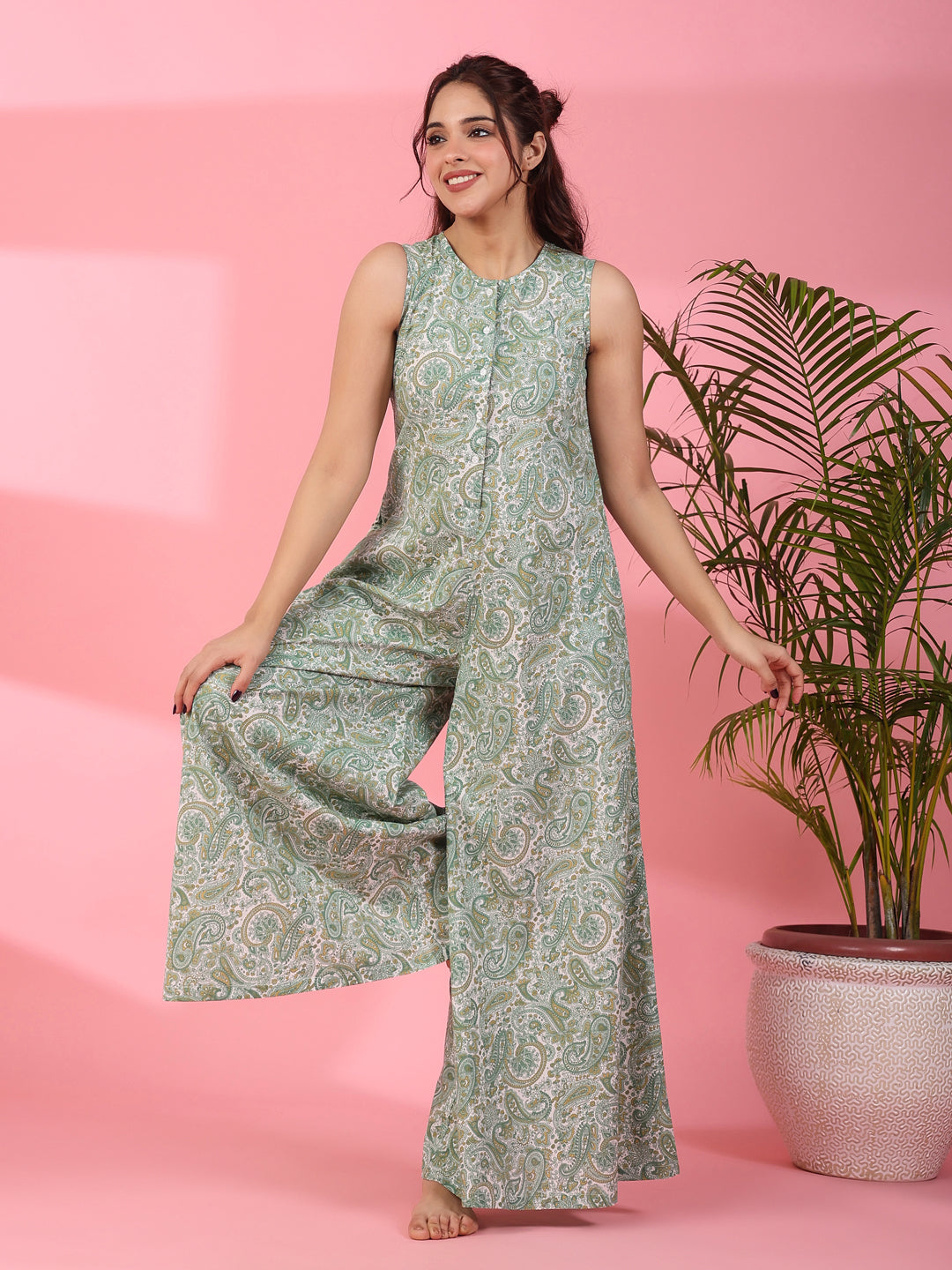 Printed sleeveless cotton Jumpsuit - SanskrutiHomes