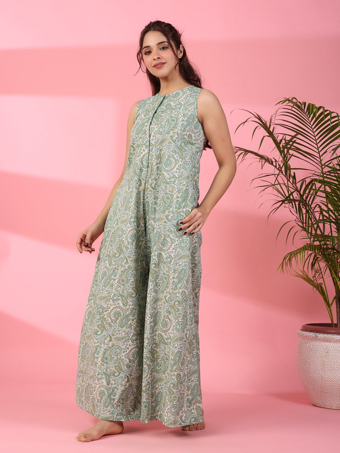 Printed sleeveless cotton Jumpsuit - SanskrutiHomes