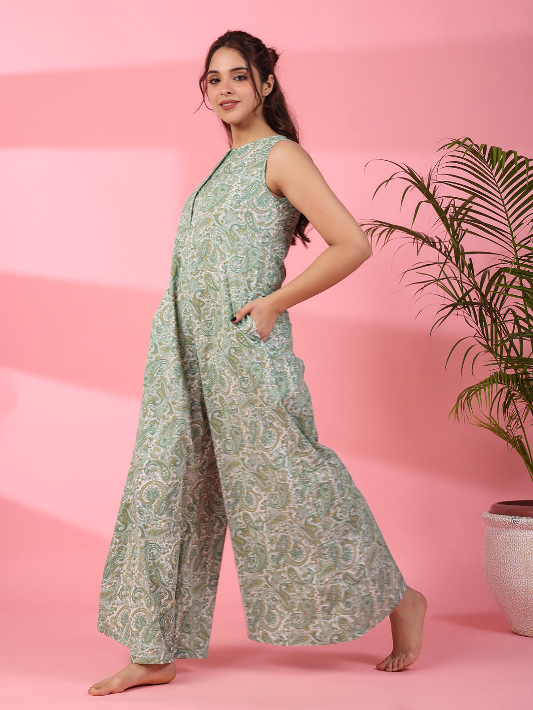 Printed sleeveless cotton Jumpsuit - SanskrutiHomes