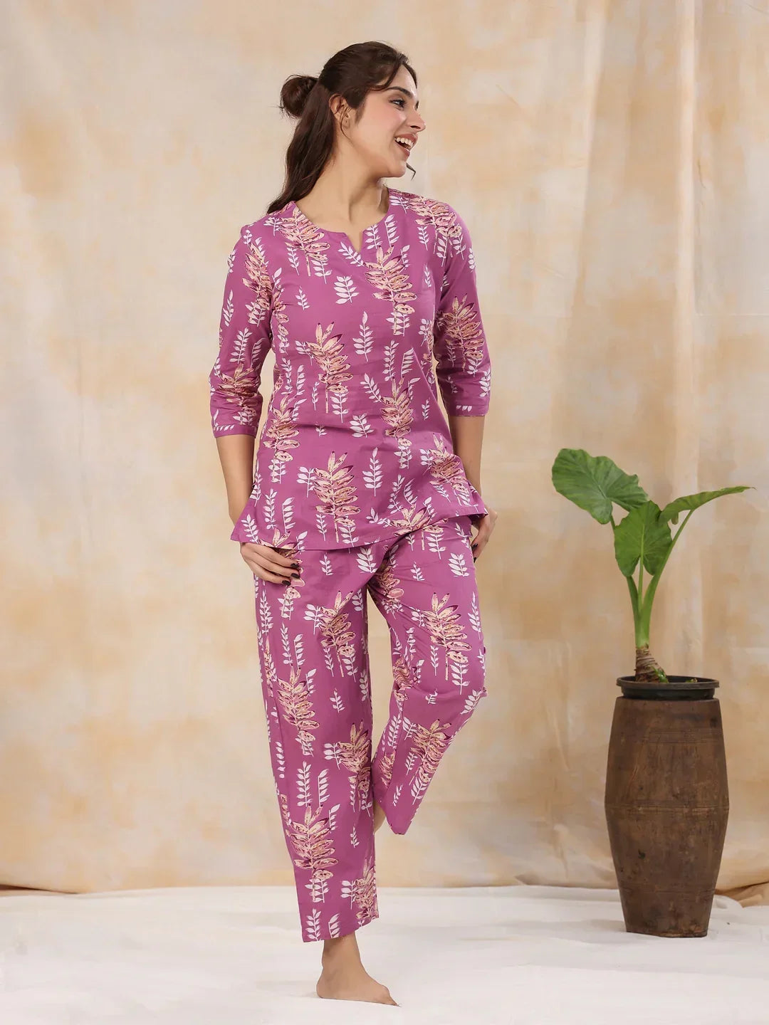 HEATHER MAUVE Cotton Night Suit - SanskrutiHomes