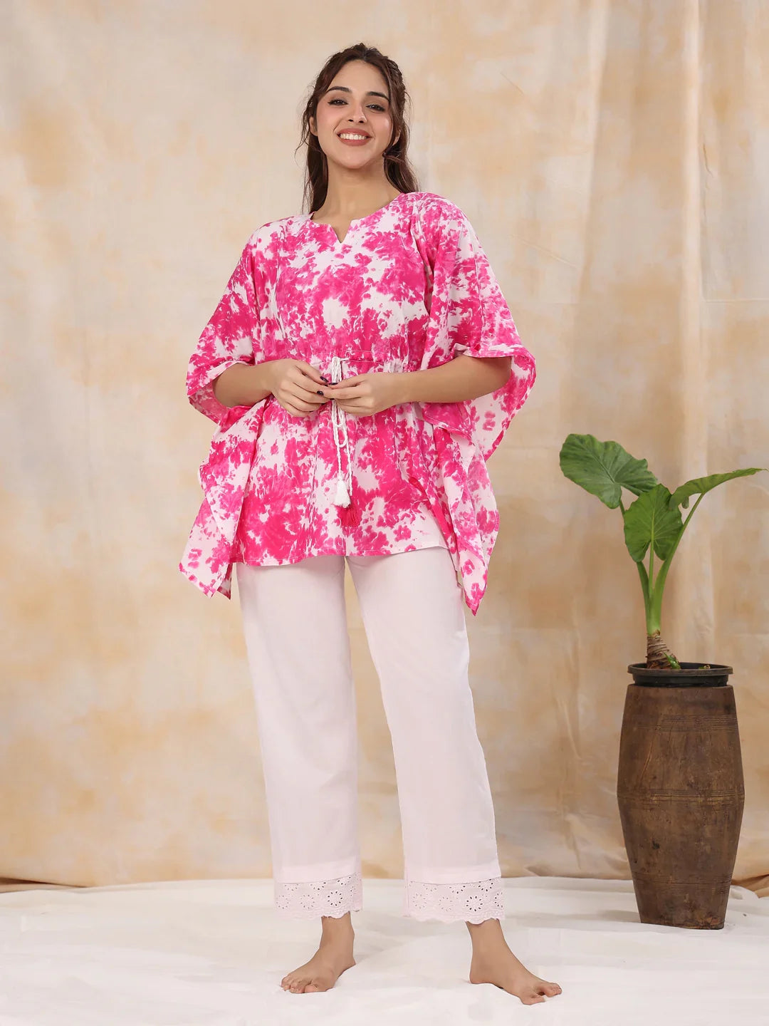 FUSHIA TIE-DYE Cotton Kaftan set - SanskrutiHomes