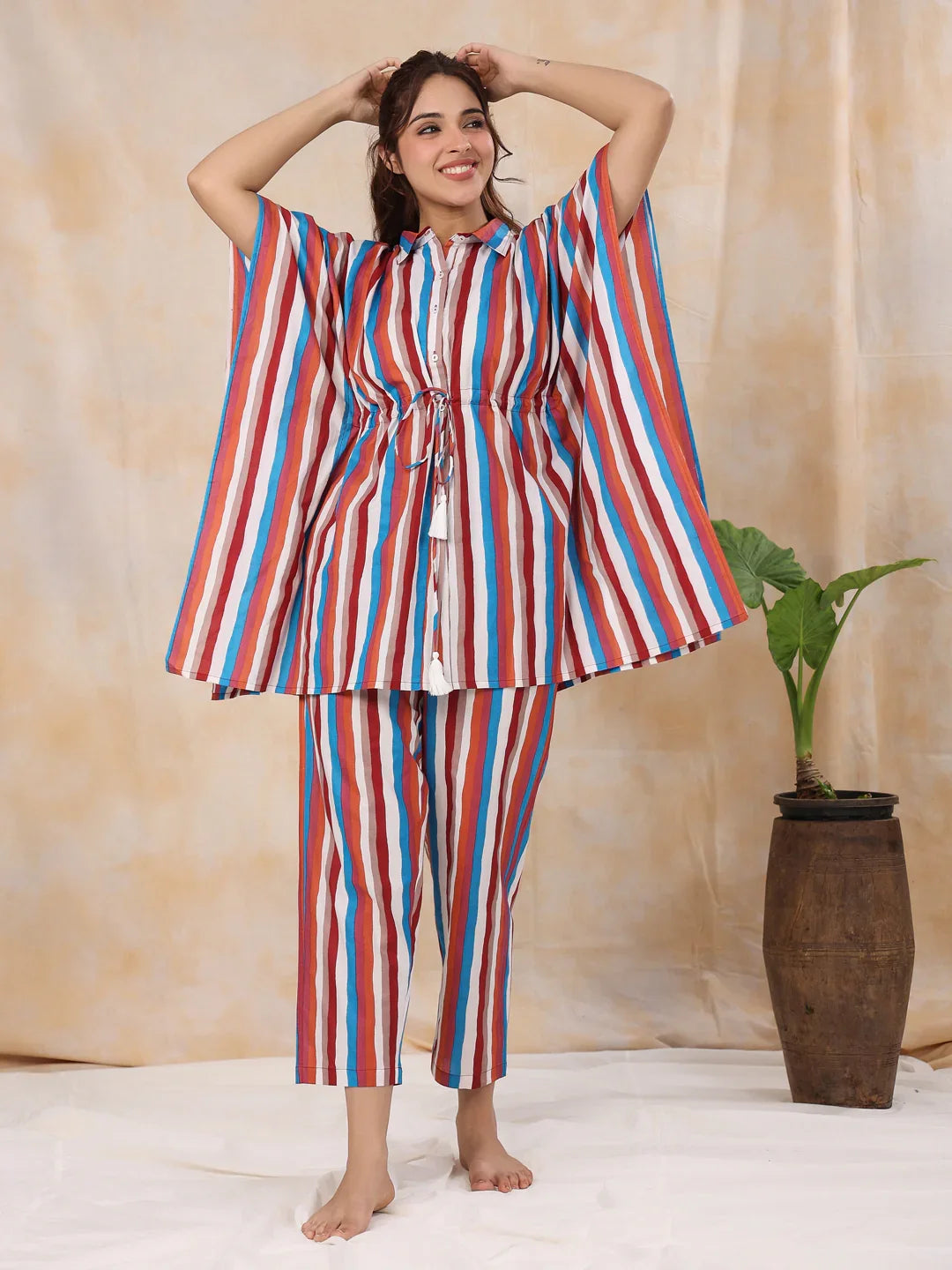 Red stripes Kaftan sleep Set - SanskrutiHomes