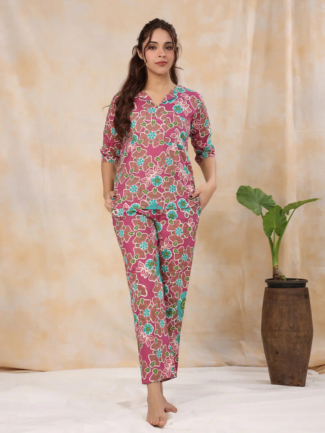 Violet Cotton Night Suit - SanskrutiHomes