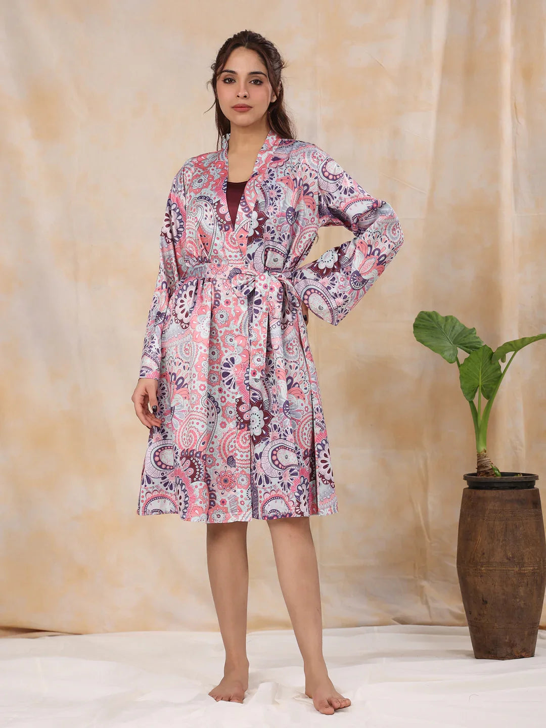 Dusty Pink Satin Night Dress - SanskrutiHomes